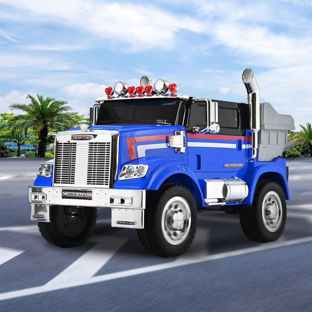 XDeer Spielzeug-Auto Hochwertiges Kinder-Elektroauto Freightliner Coronado  SD, Analoges Bedienfeld 3 Geschwindigkeiten Led-Licht