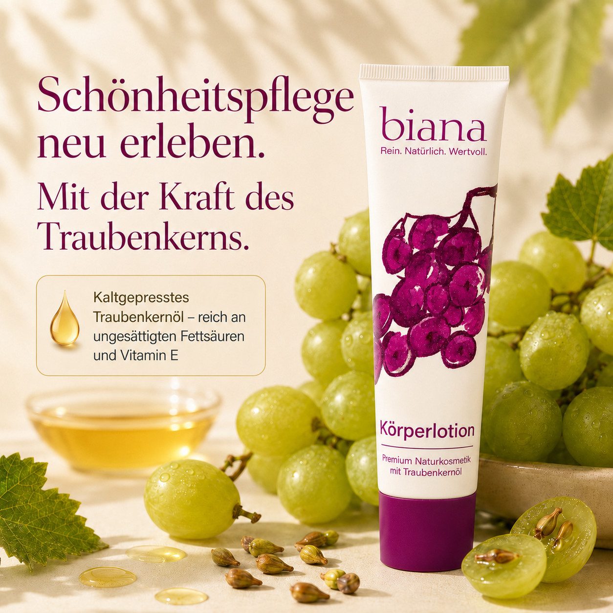 biana Bodylotion – Premium Naturkosmetik mit Traubenkernöl OPC, in einer innovativen Holztuben Verpackung