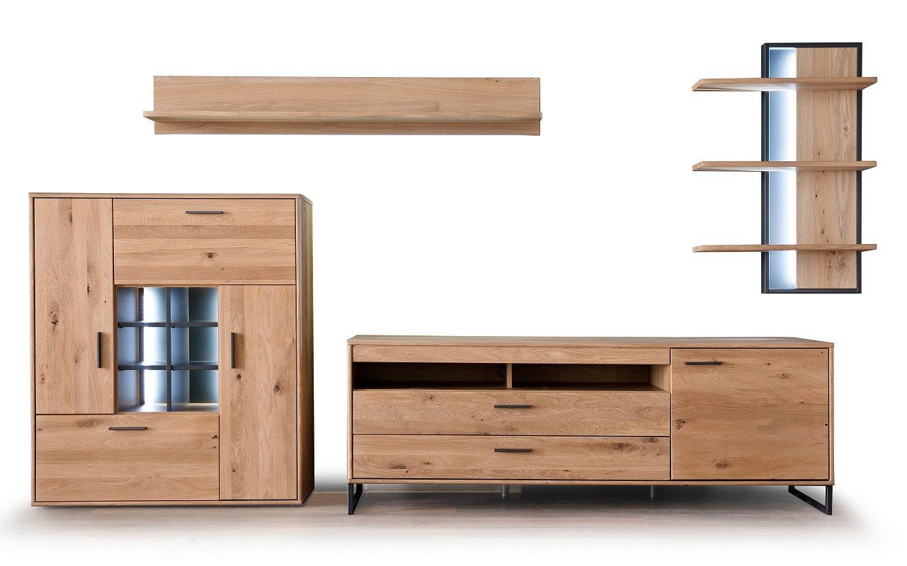MCA furniture Wohnwand Wohnwand Anbauwand Portland, Asteiche Bianco massiv, 4-teilig, (4-St)