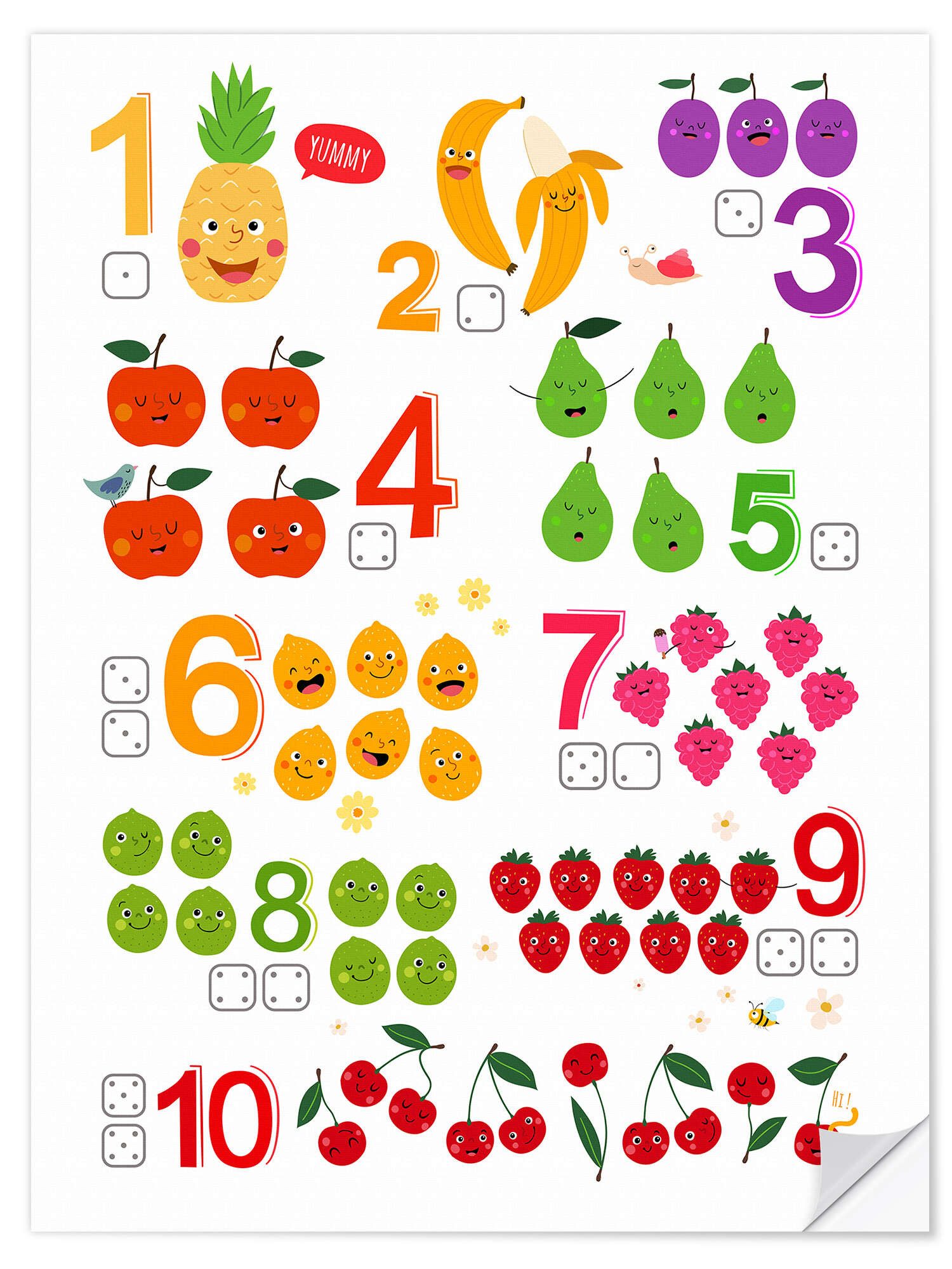 Posterlounge Wandfolie Heyduda, Zahlen lernen mit frechen Früchten, Kindergarten Illustration