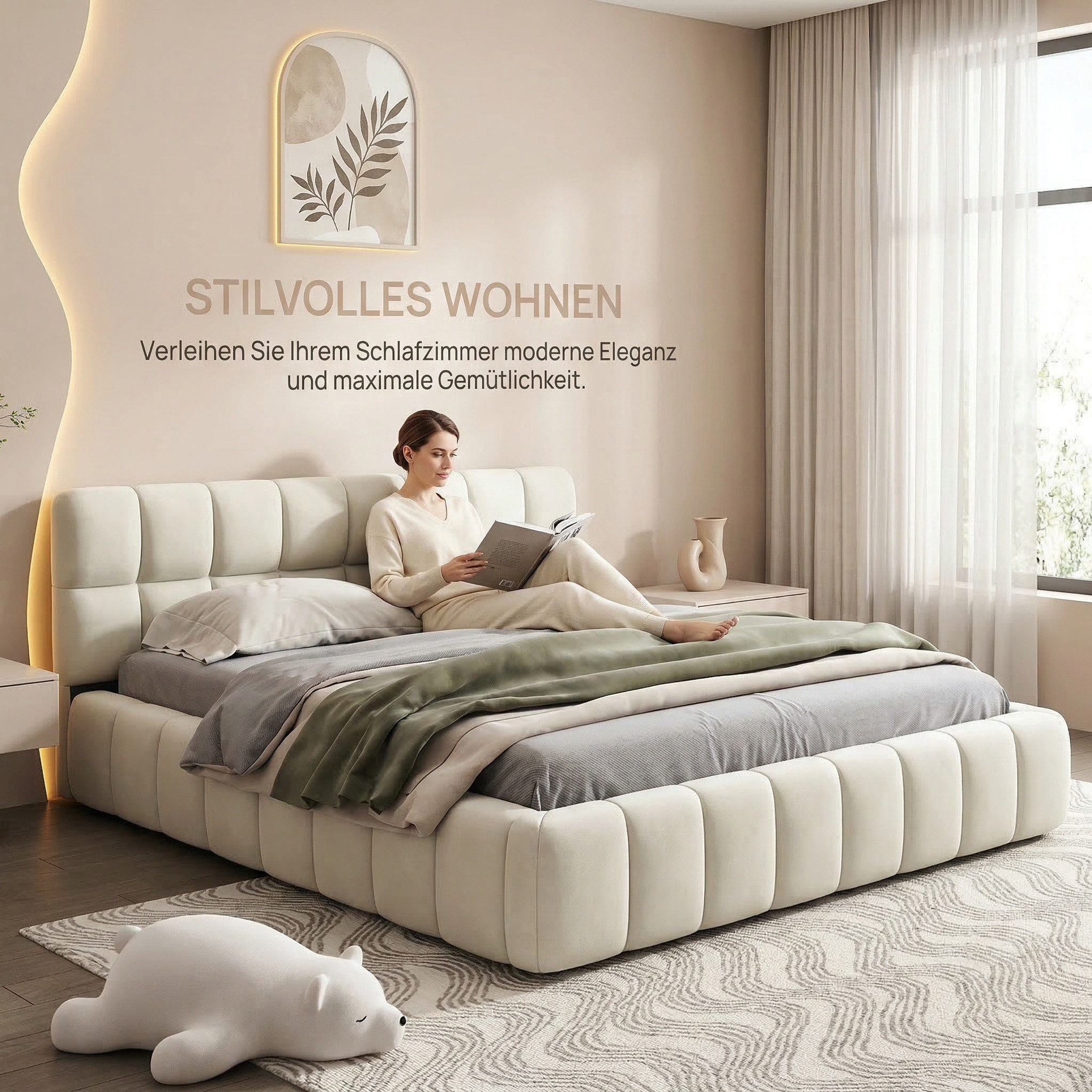 Gdood Polsterbett Stauraumbett Doppelbett LED, Leinenstoff (1-tlg., mit Komforthöhe, Leises Design Bett), Jugendbett Mit Kopfteil Lattenrost 140x200 cm