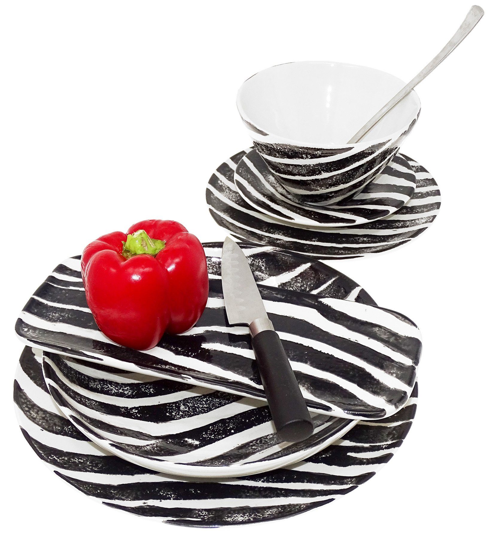 Lashuma Servierplatte Zebra, Dekoteller Salatplatte bemalt, Runde Keramik, gestreift