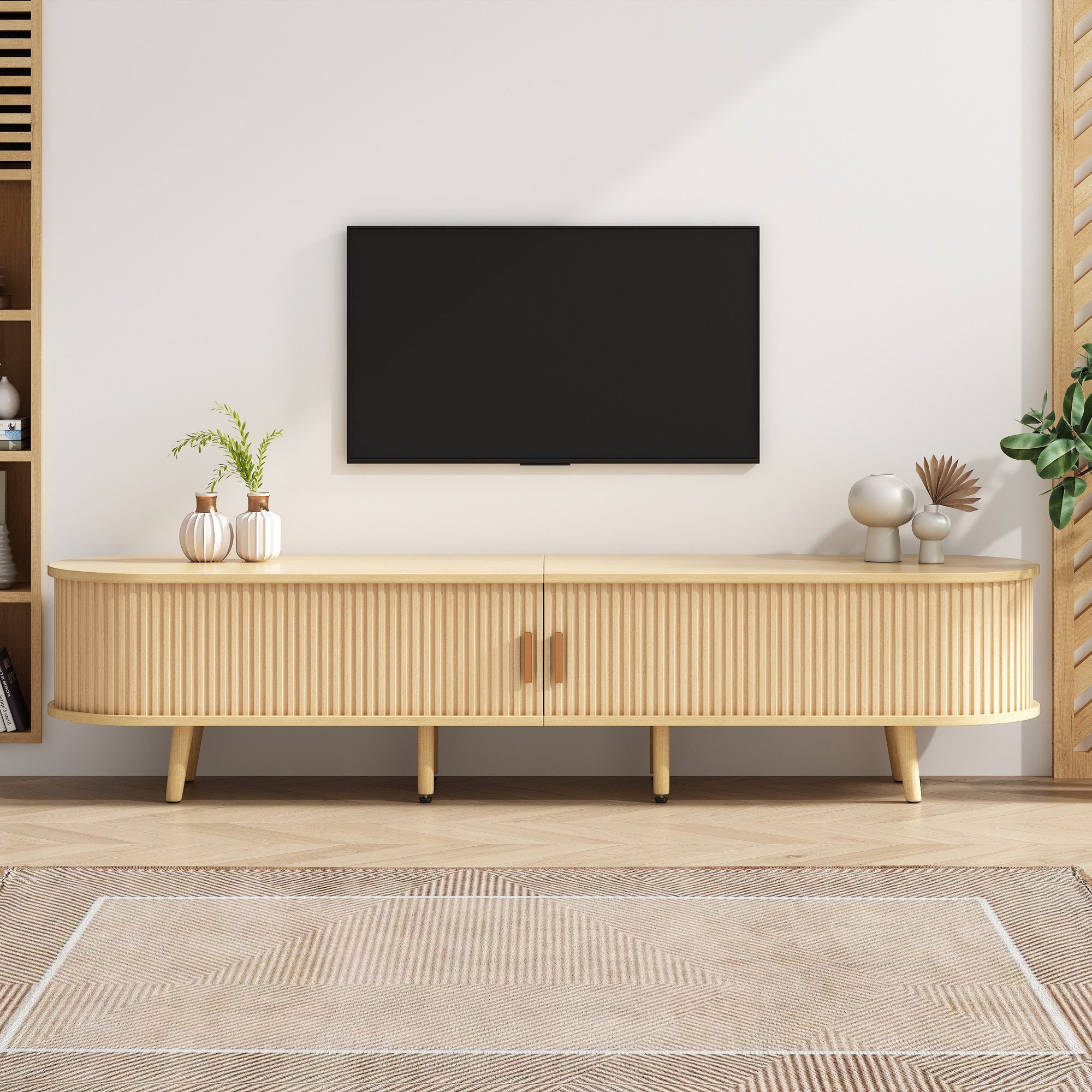 KLAM HOME Lowboard Lowboard TV Schrank Mit Runder Tischplatte Und Teleskop Schiebetüren (Modernes Wohnzimmer Lowboard In Walnuss Optik Mit 2 Schubladen), TV Unt – Bild 4 von 5