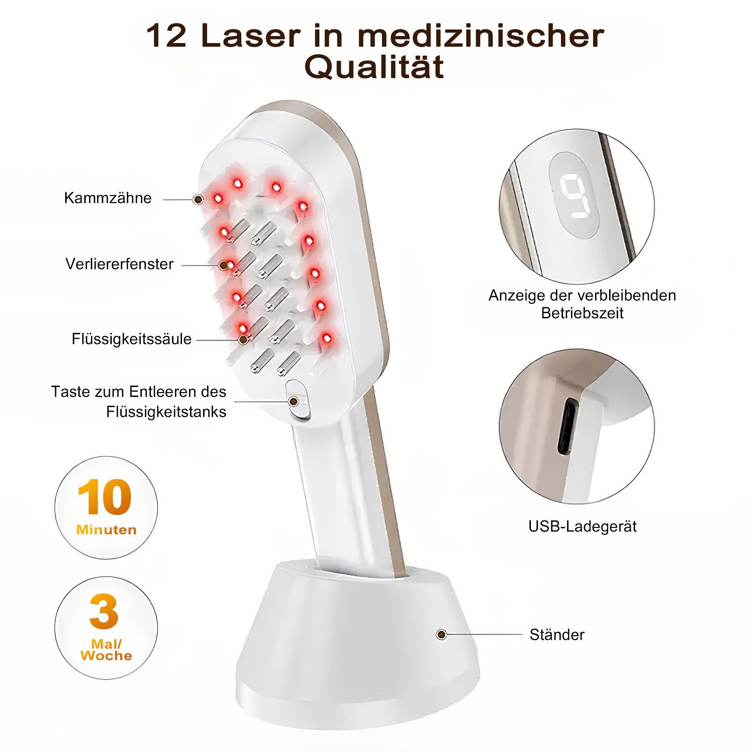 COOL-i ® Elektrohaarbürste Elektrische Haarpflegebürste,3-in-1 mit Lichtanwendung, Massage & Öl-Applikator