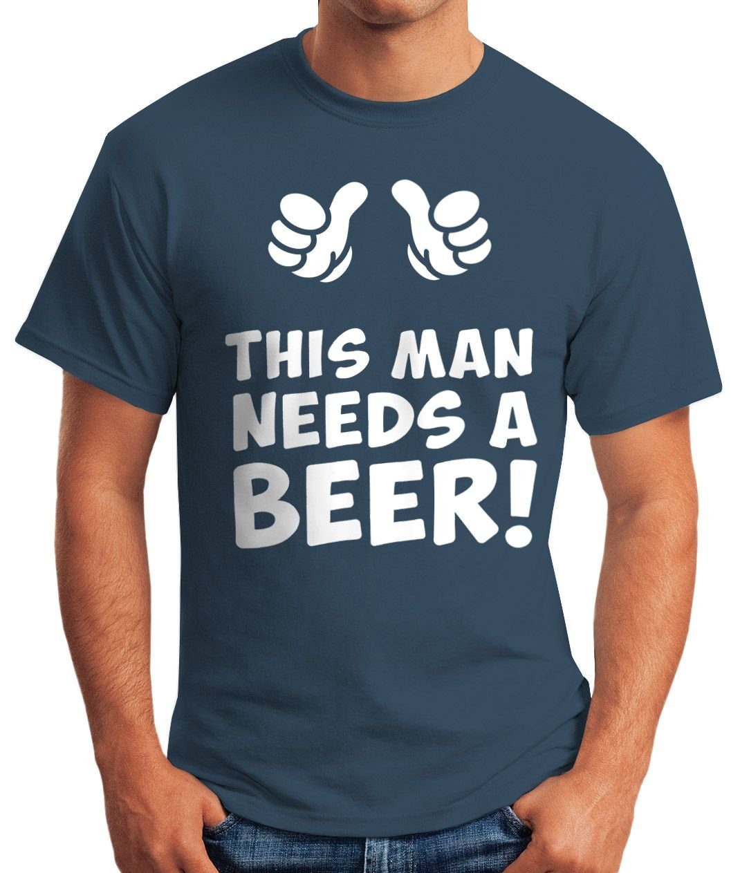 MoonWorks Print-Shirt This man needs T-Shirt a Bier blau mit beer Herren Moonworks® Print