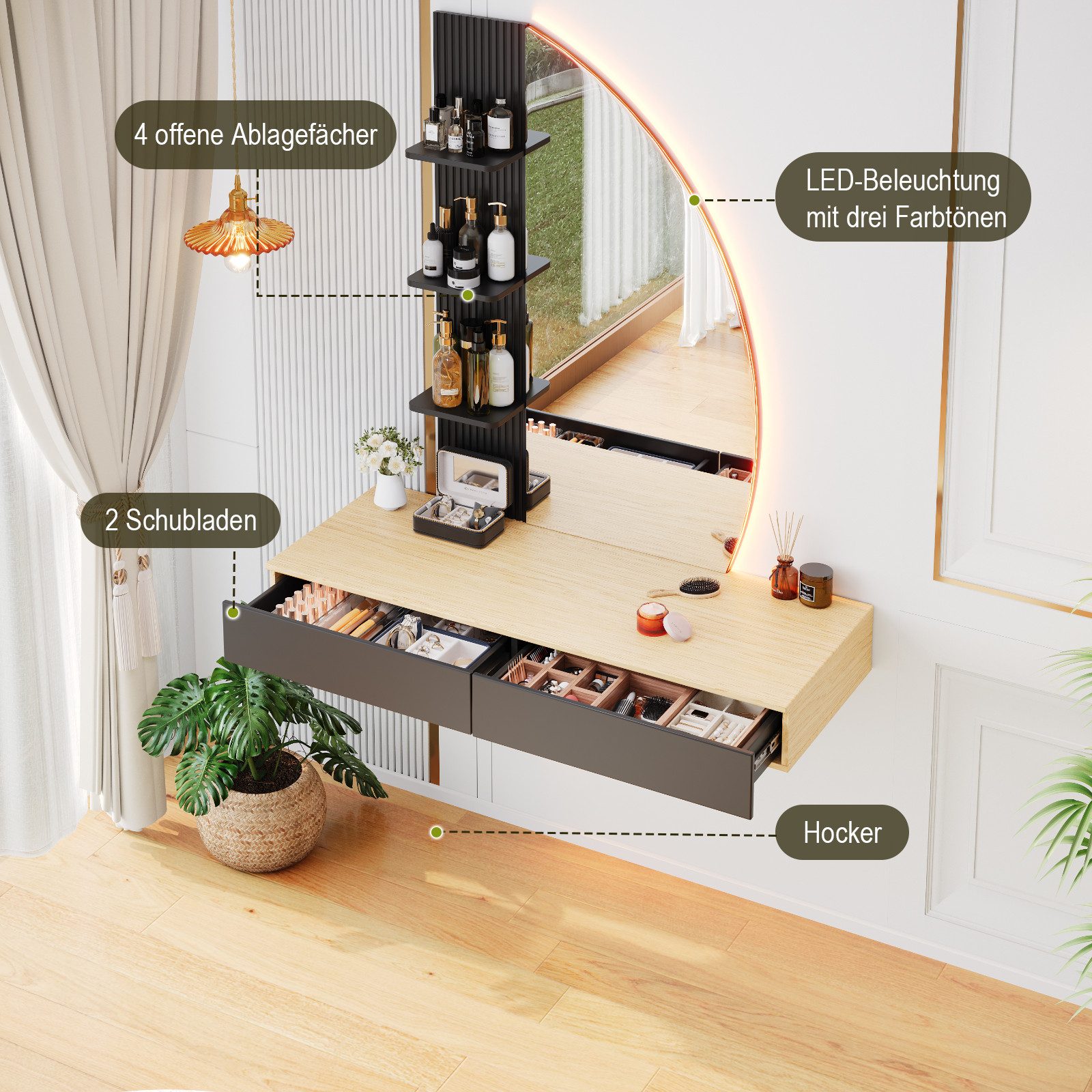 HOMALL Schminktisch Hängender Schminktisch mit LED-Beleuchtung (Maße: 106 × 40 × 143 cm, mit 3 offenen Ablagefächern, 2 Schubladen und drei einstellbaren Farbte – Bild 4 von 5