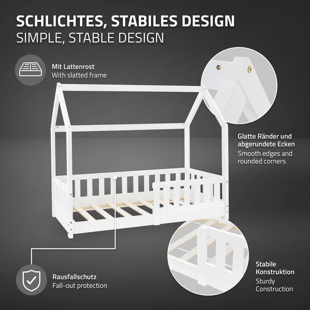 ML-DESIGN Spielbett Hausbett Kinderbett inkl. Lattenrost kreativ Bodenbett für Kinder, Abenteuerbett zum Spielen mit Rausfallschutz Kiefer Weiß Himmelbett