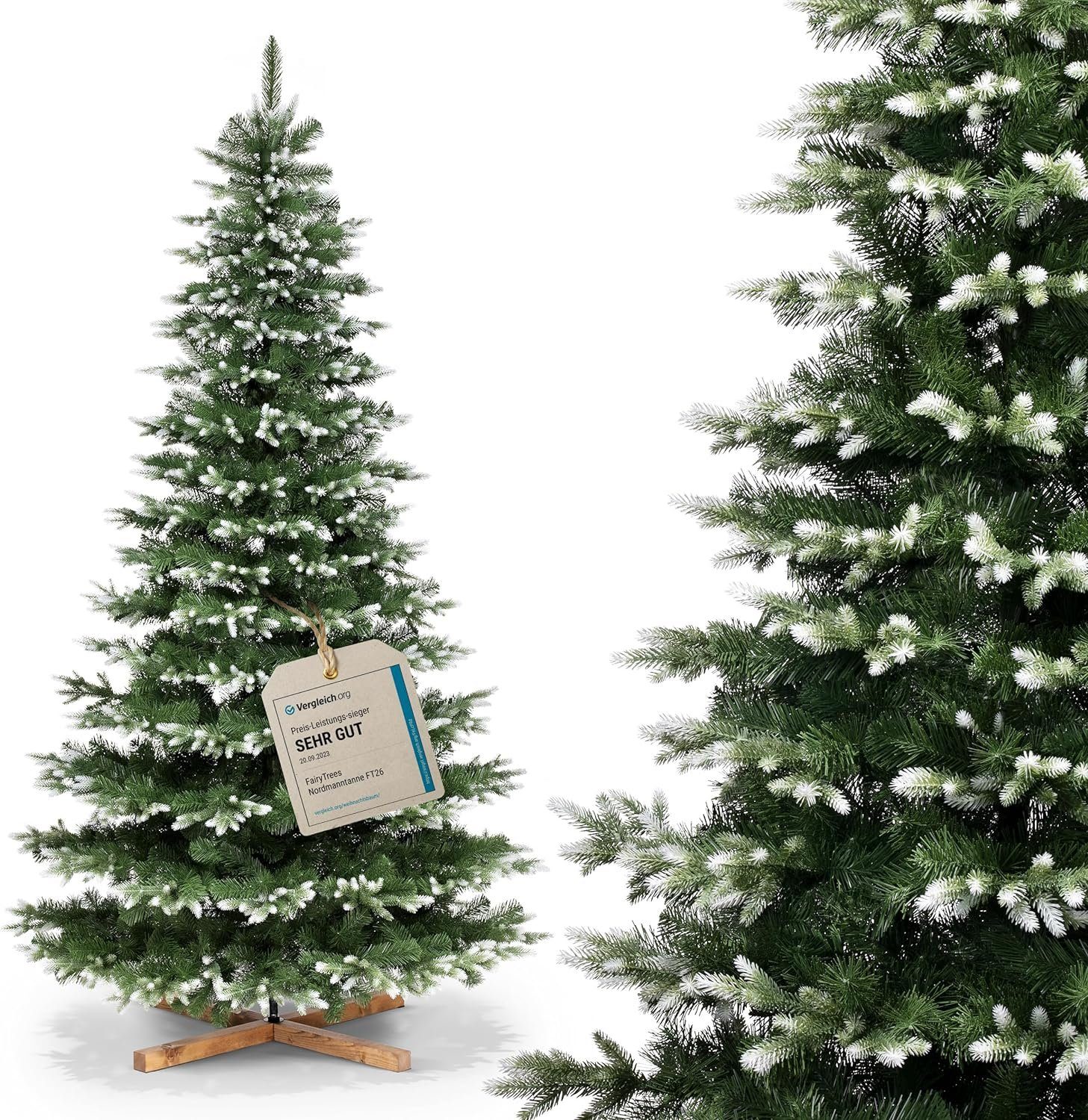 Fairytrees Künstlicher Weihnachtsbaum FT26, Nordmanntanne Edel Weiss, aus PU und PVC mit Echtholz Baumständer
