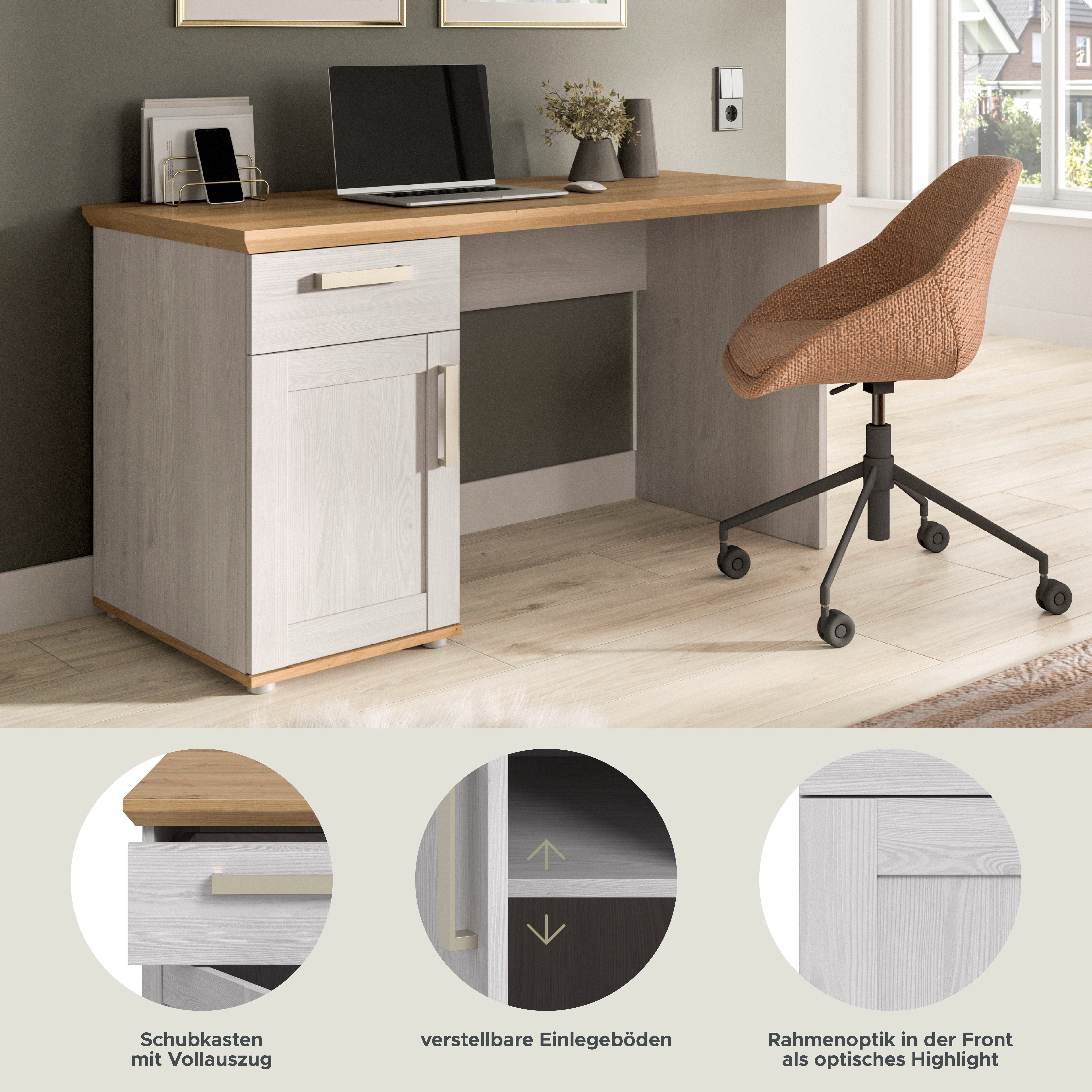 Home affaire Schreibtisch COSENZA, Breite 134 cm, 1 Tür, 1 Schubkasten, 2 Fächer (in Landhausoptik, mit weiteren Artikel der Serie kombinierbar), Bürotisch, Computertisch, Laptoptisch, Home-Office