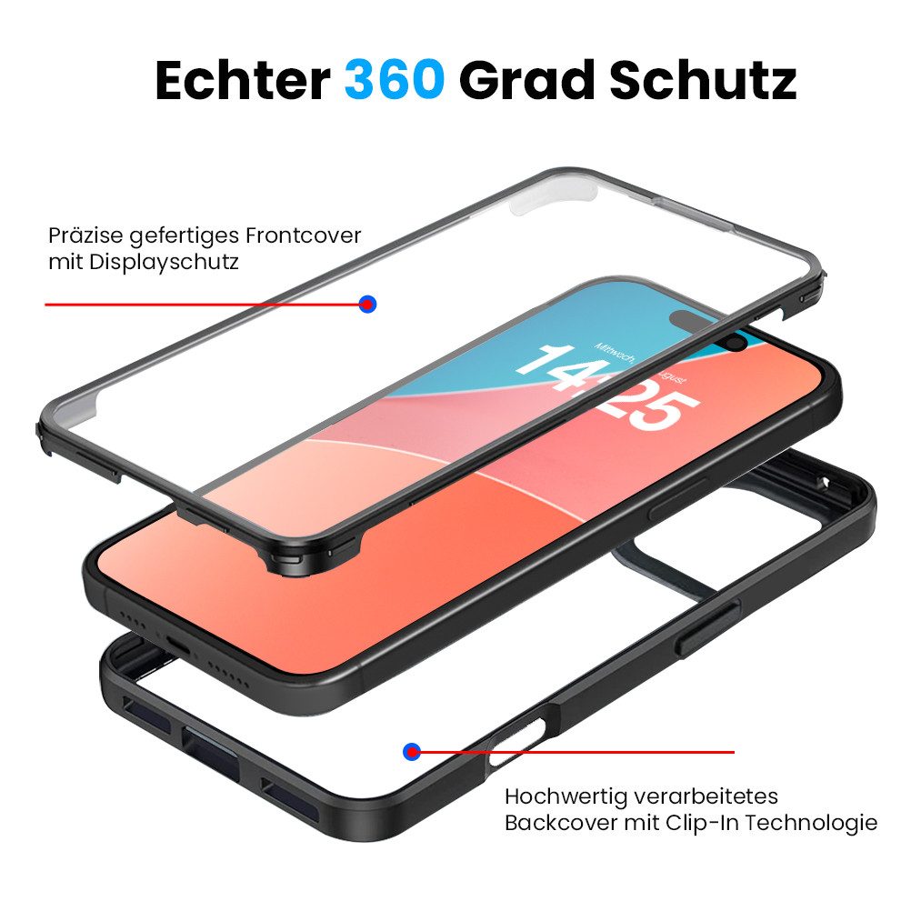Tec-Expert Handyhülle 360 Grad Hülle für Apple iPhone 16 Pro 6.3 Zoll, 6.3, Rundum Schutz Cover Case Hülle robust
