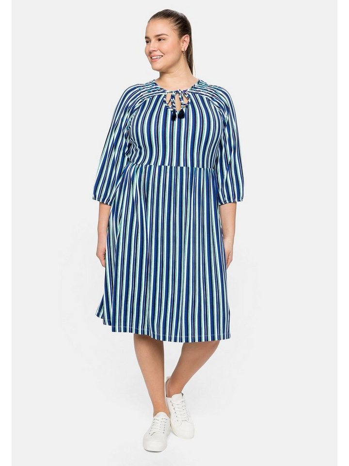 Sheego Jerseykleid Große Größen mit Streifen, Bindeband am Ausschnitt
