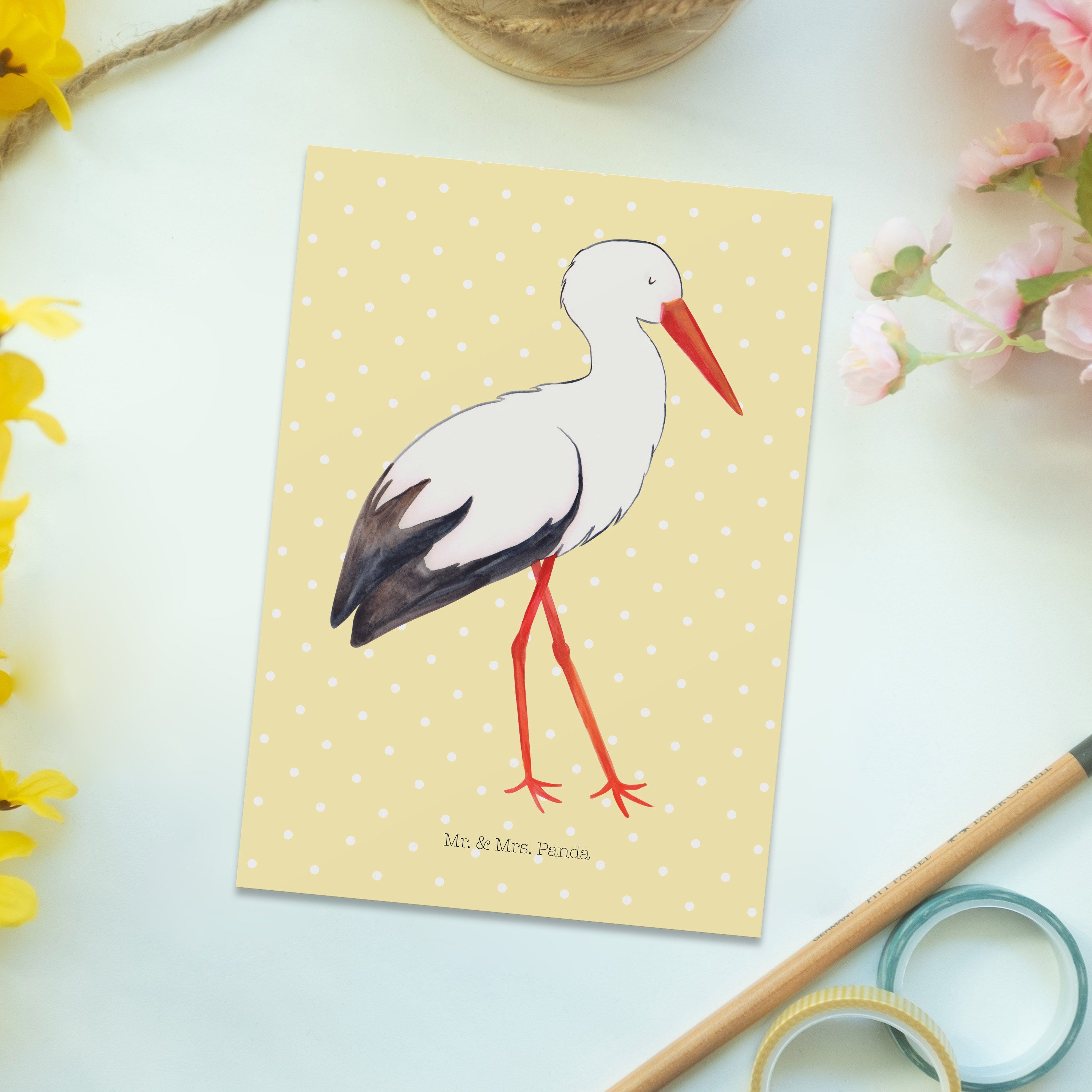 Mr. & Mrs. Panda Postkarte Pastell Geschenk, - Gelb Storch Tiermotive, - Einladung, Schwangersch