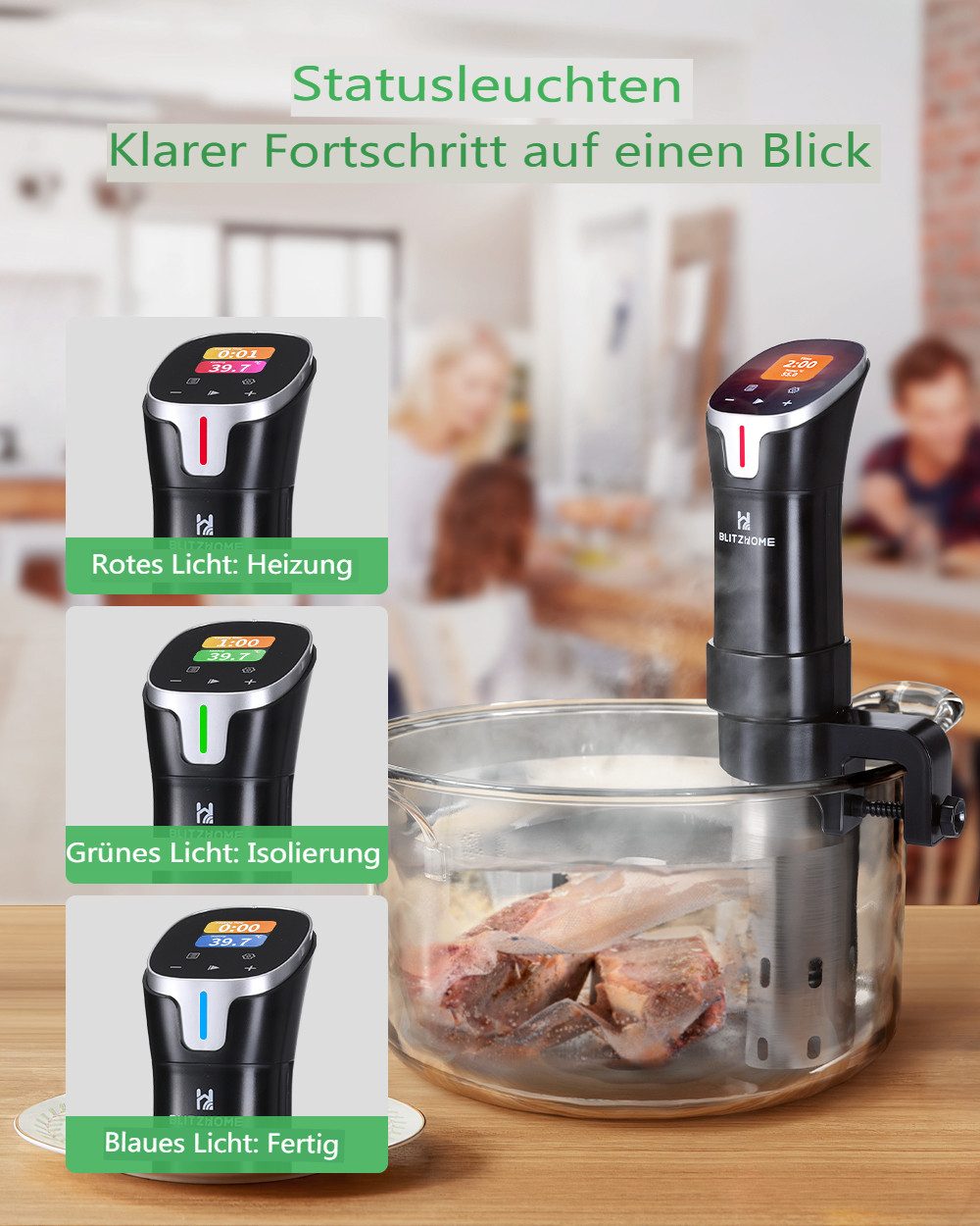 BLiTZWOLF Sous-Vide Stick 1100W mit Farb-Touchscreen & App-Steuerung, Präzise Temperaturregelung für perfektes Garen
