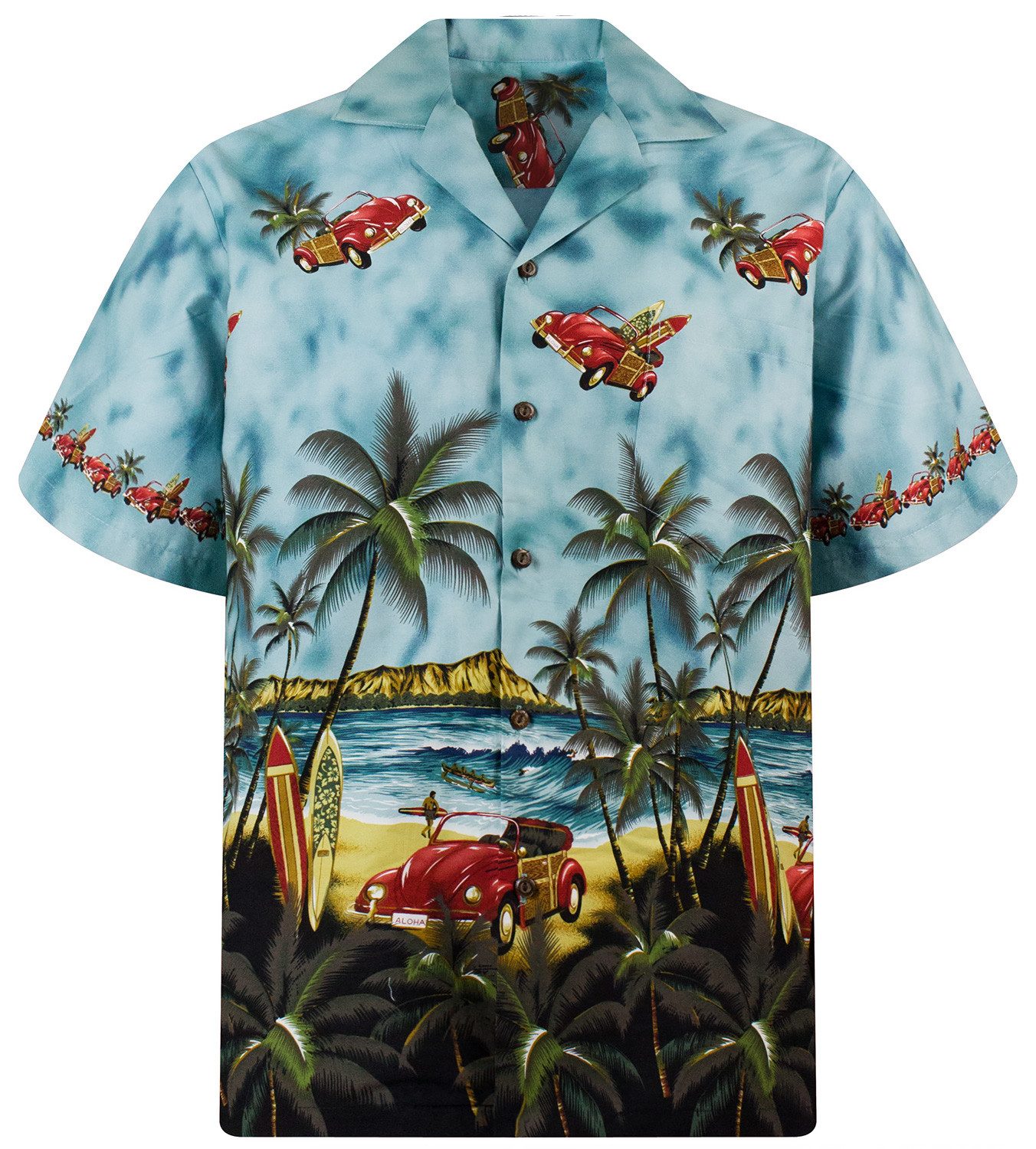 KY's Hawaiihemd "Fliegende Autos" Herren Baumwolle Kokosknöpfe Original Hawaii