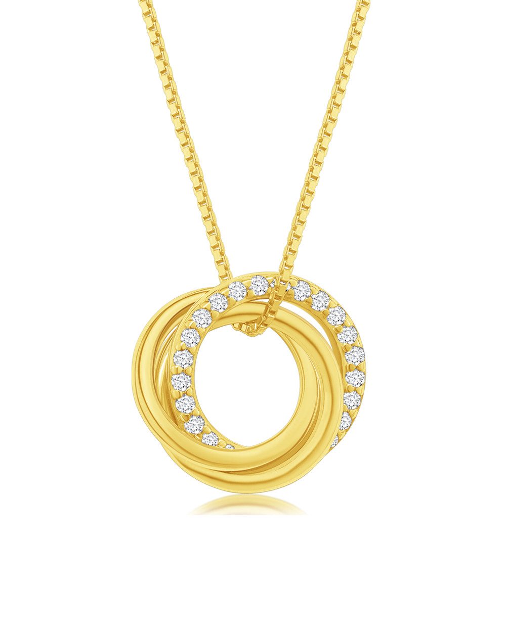 DANIEL CLIFFORD Kette mit Anhänger 'Trinity' Damen Halskette Silber 925 vergoldet Anhänger drei Kreise (inkl. Verpackung), goldene Silberkette, 3 ineinander verschlungene Ringe mit Kristallen