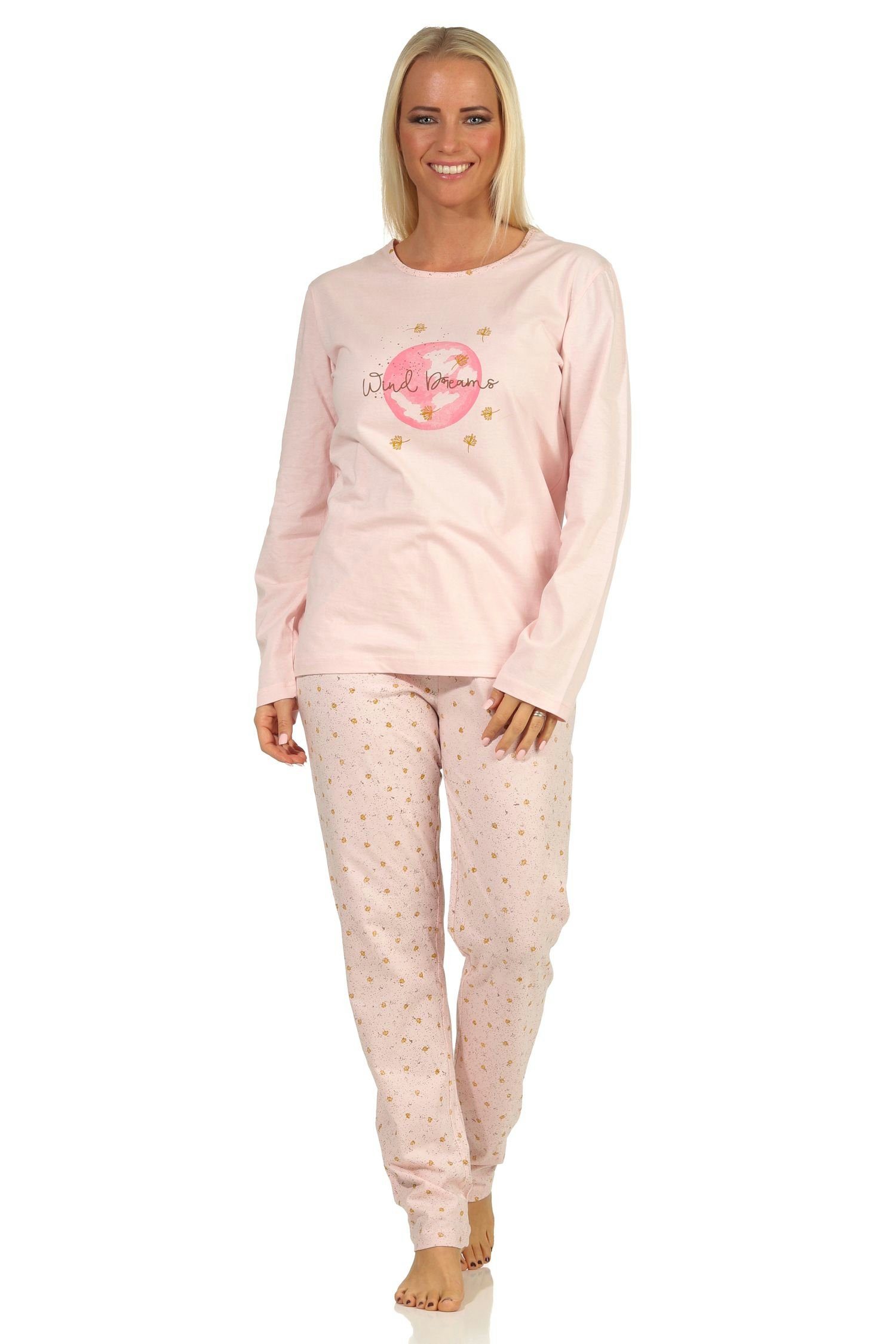 RELAX by Normann Pyjama Damen langarm Schlafanzug mit Frontprint und allover bedruckter Hose