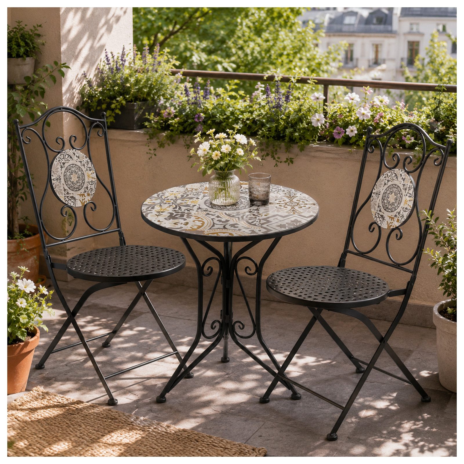 HTI-Living Garten-Essgruppe Sitzgruppe Metall Bistro Set mit Motiv Algier für Balkon und Terrasse, (Set, 3-tlg., 1 Tisch 2 Stühle), Sitzgruppe Essgruppe Balkonset