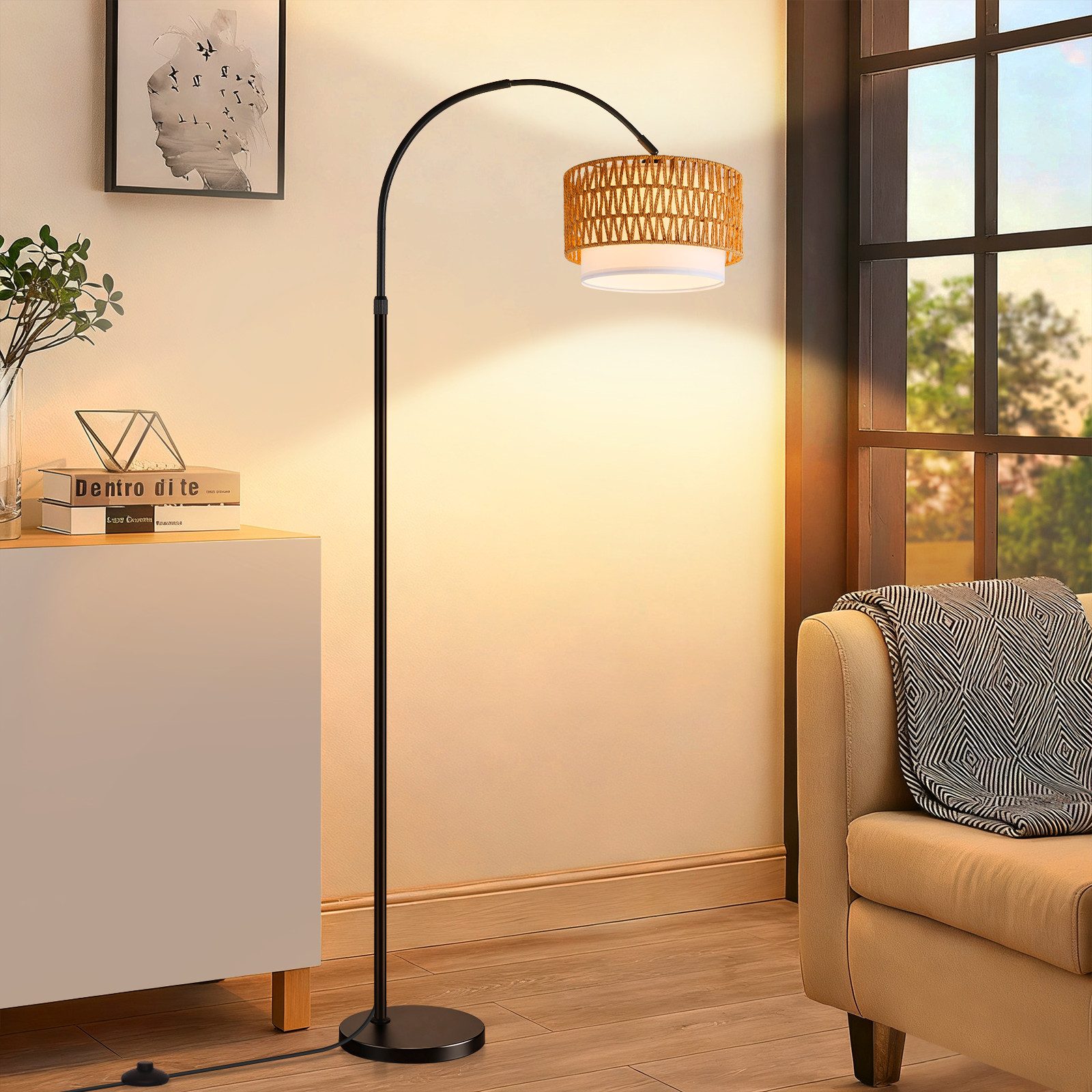 ZMH Stehlampe Bogenlampe 165–180 cm, Boho-Stehleuchte mit Rattan/Stoffschirm, E27, dimmbar 3000–6500 K, Fernbedienung, Fußschalter, inkl. 9-W-LED, LED wechselbar