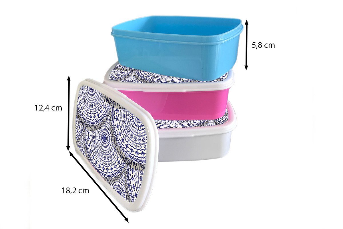 MuchoWow Blau Design Kunststoff, Muster, Erwachsene, Jungs Kinder Delfter Brotdose, für - Lunchbox für - Mädchen und und weiß Brotbox (2-tlg),