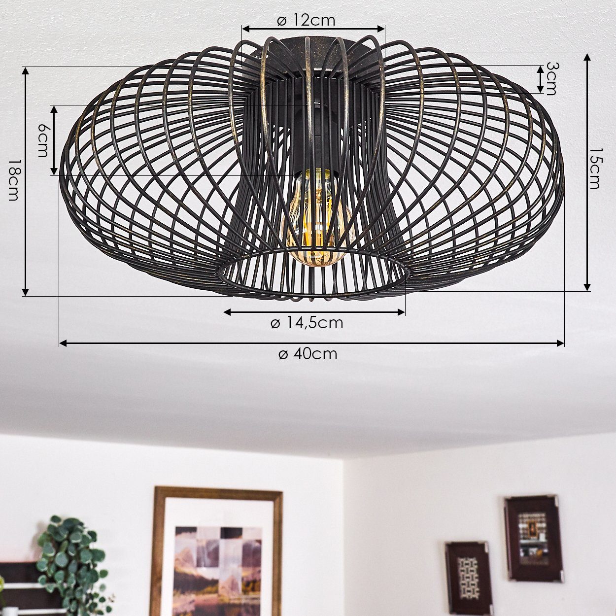 hofstein Deckenleuchte »Pieris« runde Deckenlampe aus Metall in Schwarz/Gold, ohne Leuchtmittel, E27, Retro-Leuchte mit Lichteffekt durch Gitter-Optik – Bild 4 von 5