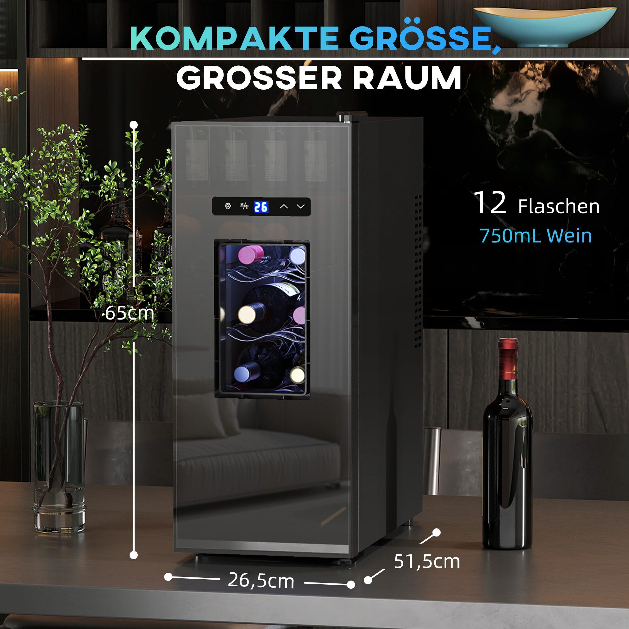 HOMCOM Weinkühlschrank Kompressor 20 Flaschen 5-18°C, Touchscreen, LED-Beleuchtung, für 12 Standardflaschen á 0,75l,mit Innenbeleuchtung, Schwarz