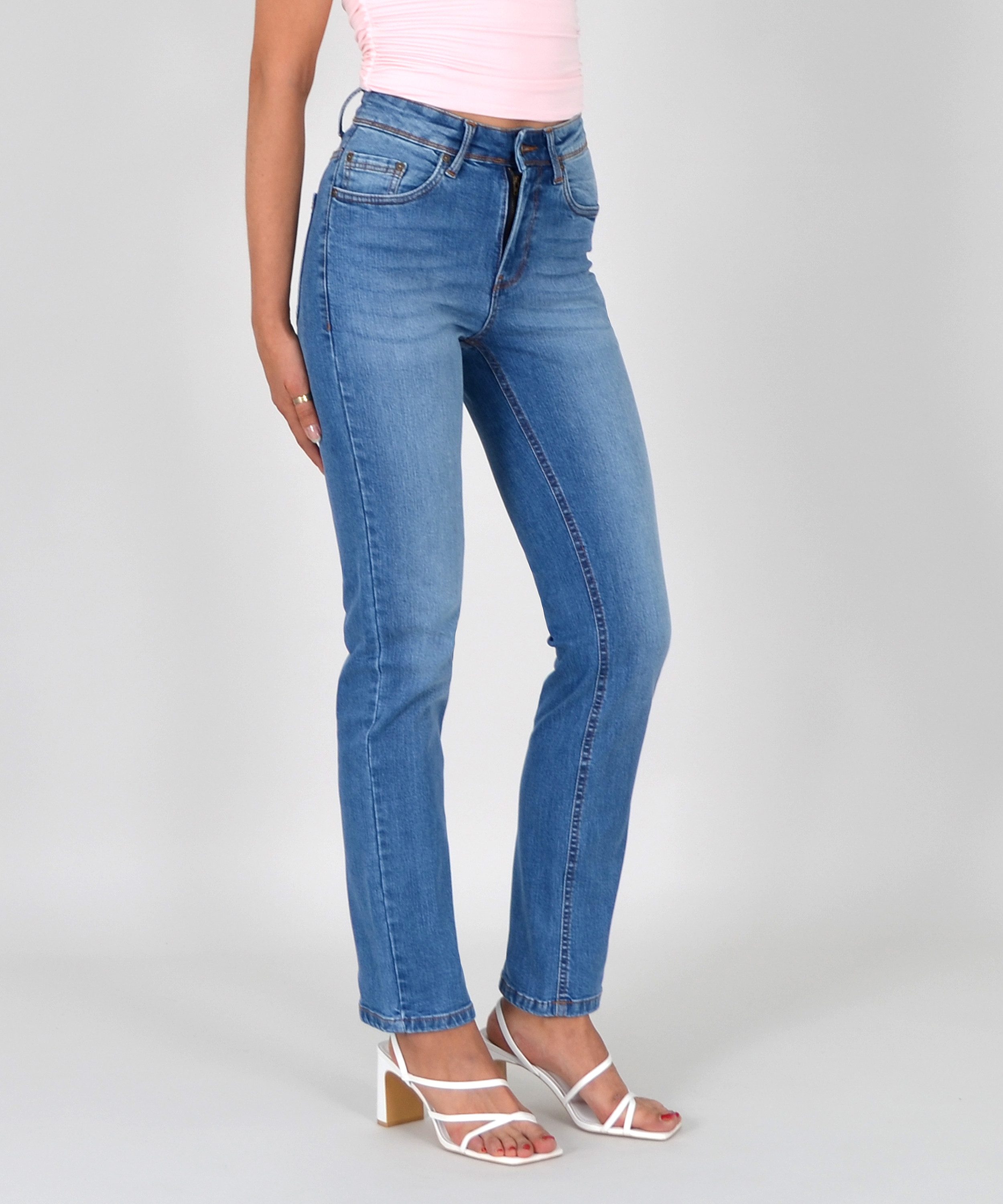 ESRA Straight-Jeans High Waist Straight Fit Jeans Damen Geradeschnitt Hose Straight High Waist Damen Jeans Straight Hose Gerade Schnitt Jeanshose Stretch