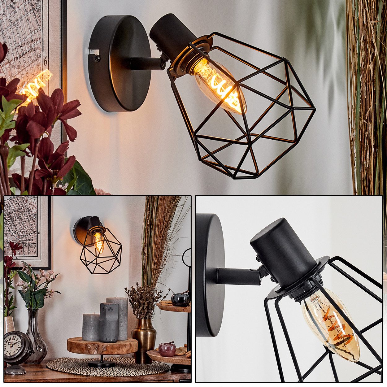 hofstein Deckenleuchte Wandlampe aus Metall in Schwarz mit Gitterschirm, ohne Leuchtmittel, verstellbare Wandleuchte im Industrial/Retro/Vintage-Design, E14