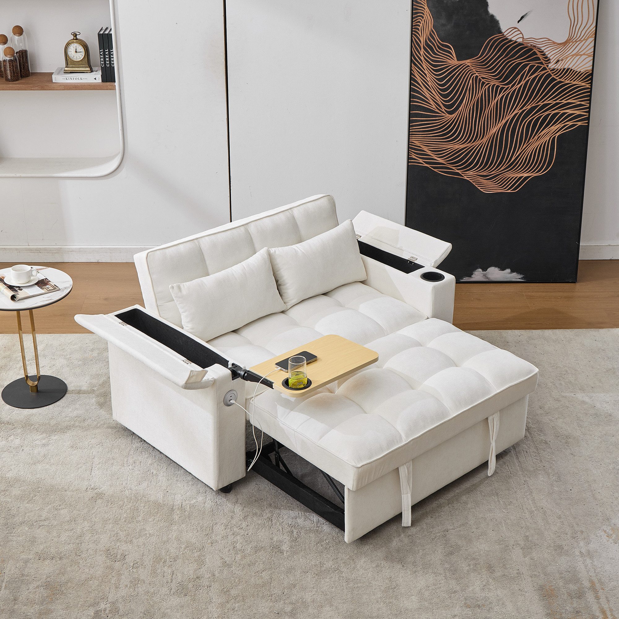 KLAM HOME Schlafsofa Graues 3-in-1 Ausziehsofa mit verstellbarer Rückenlehne, Modernes 2-Sitzer Sofa mit USB-C Anschluss & verstecktem Tisch, Funktionales Schlafsofa mit Getränkehalter & leichtgängigen Rollen