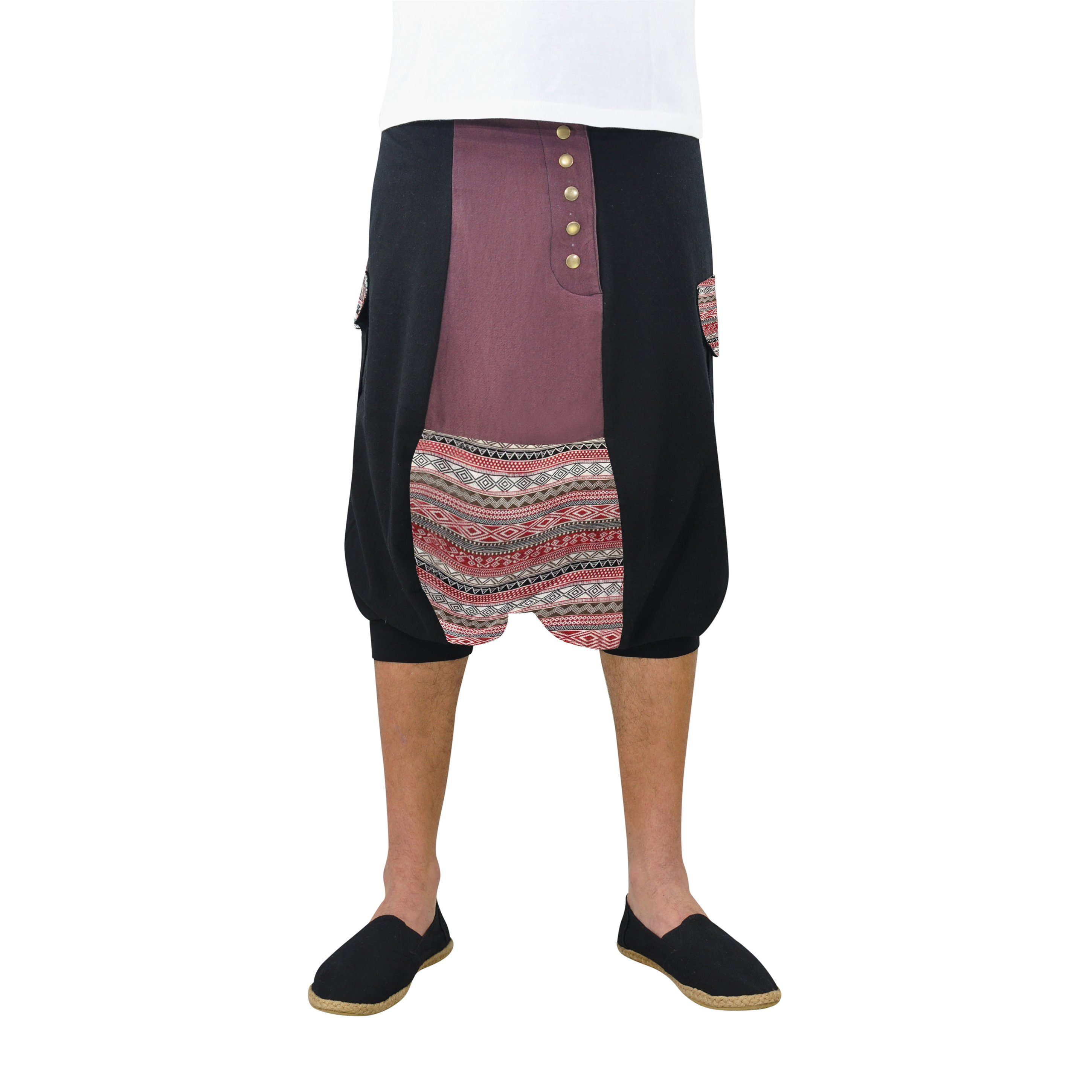 & Seitentaschen, Schritt, Haremshose 2 mitteltiefer Rot Hippie Damen, Shorts Gürtelschlaufen kurz Herren Unisex, verschließbare Haremshose kurze virblatt