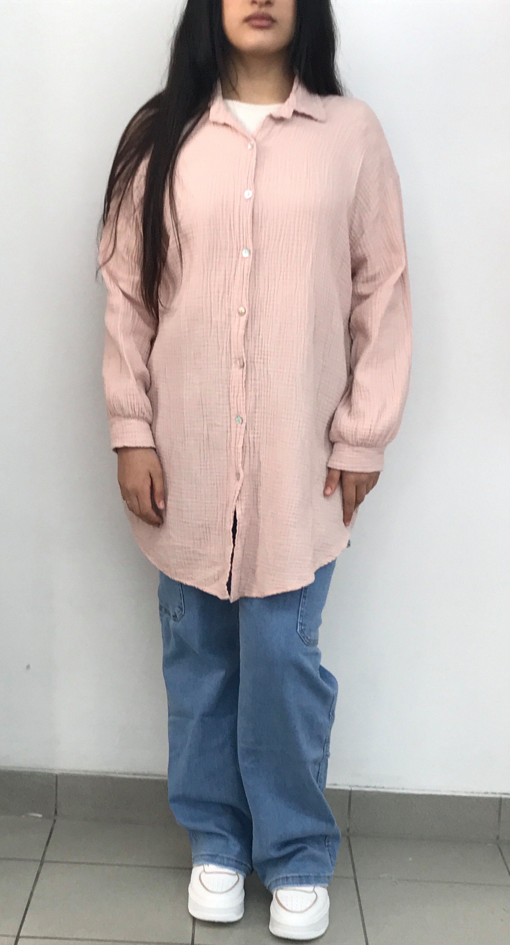 HELLO MISS Blusenkleid Beliebte Musselin Oversize Bluse in Lang, Baumwolle Hemd, Sommer Bluse in Unifarbe