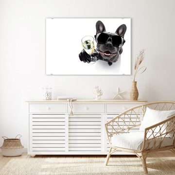 Primedeco Glasbild Wandbild Bulldogge mit Prosecco Glas mit Aufhängung, Tiere