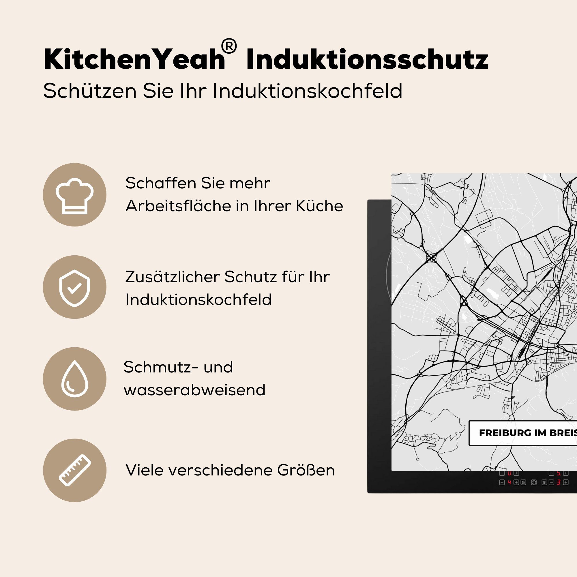 Karte tlg), Stadtplan, Freiburg Deutschland MuchoWow küche 78x78 (1 Ceranfeldabdeckung, Arbeitsplatte Vinyl, - für - Karte Herdblende-/Abdeckplatte cm, - - im Breisgau