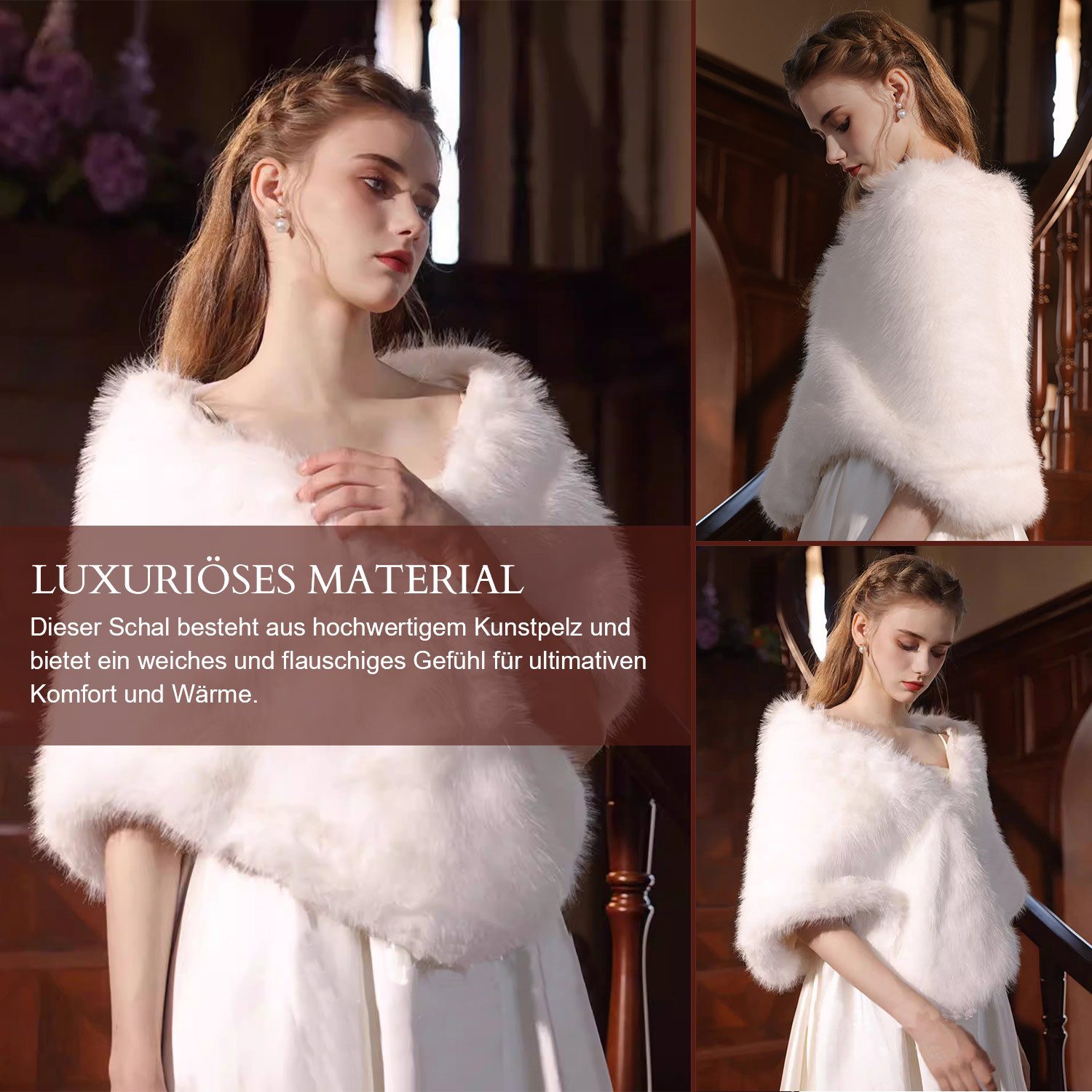 Refttenw Poncho Hochzeitsjacke,Damen Winter Schal Stola,Kunstpelz Brautjacke