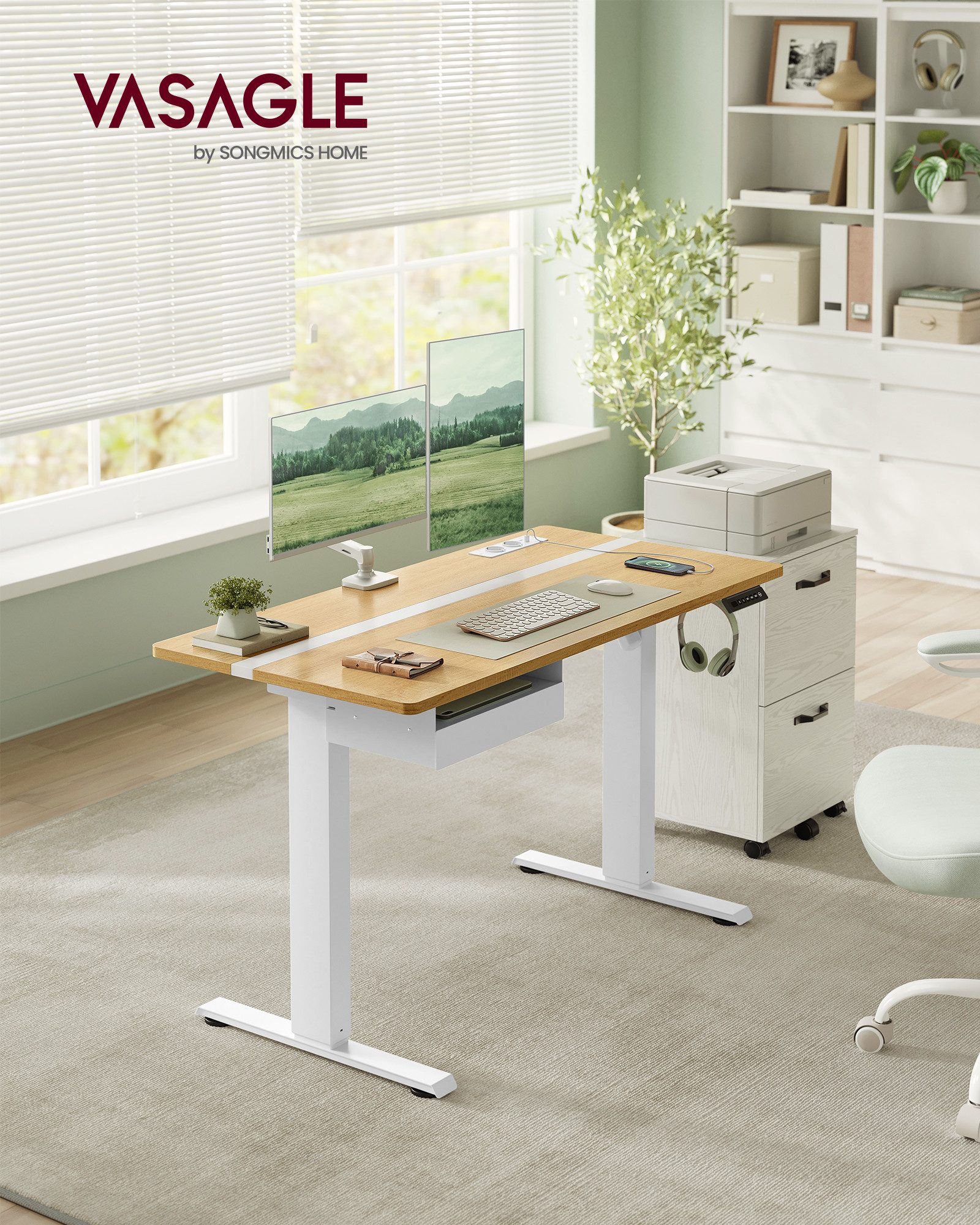 VASAGLE Schreibtisch höhenverstellbar, elektrisch, mit Steckdosen und Stoff günstig online kaufen