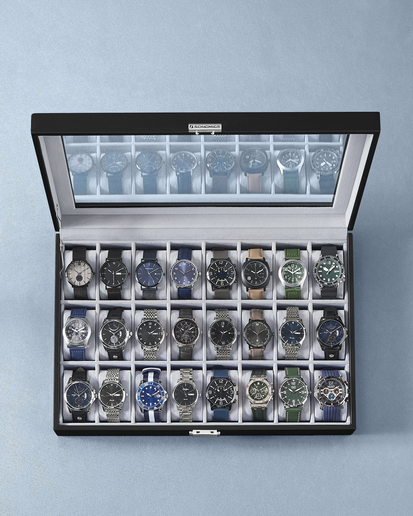 SONGMICS Uhrenbox abschließbarer Uhrenkasten, Uhrenkoffer, Organizer, 29,5 x 43 x 8 cm, mit 24 Fächern, Glasdeckel, PU-Bezug in Schwarz, Samtfutter in Grau