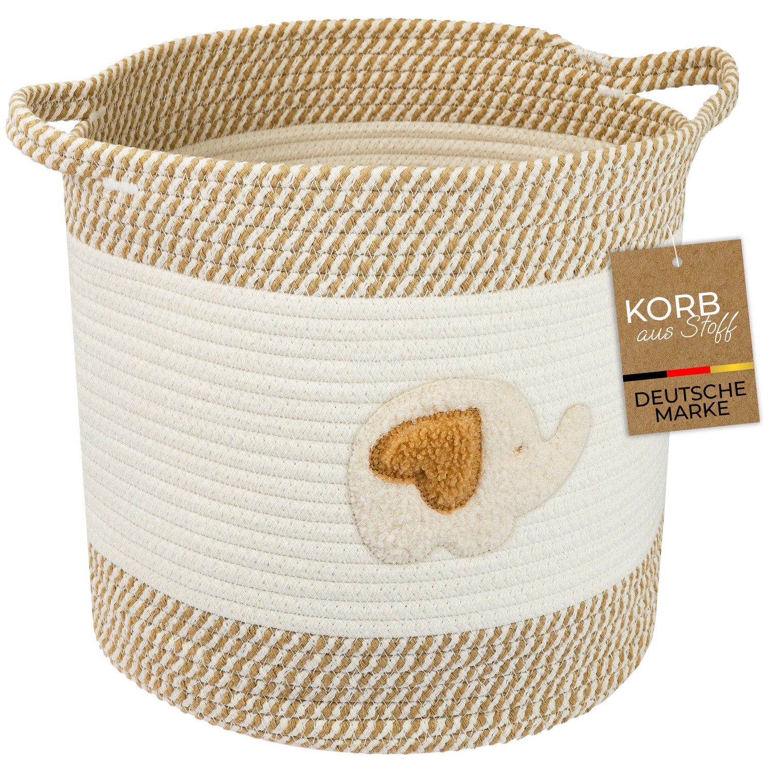 HMF Aufbewahrungskorb Aufbewahrungskorb mit verlängerten Griffen, runder Korb aus, Baumwolle für Kinderzimmer oder Babyzimmer, Elefant, 30,5 x 30,5 cm