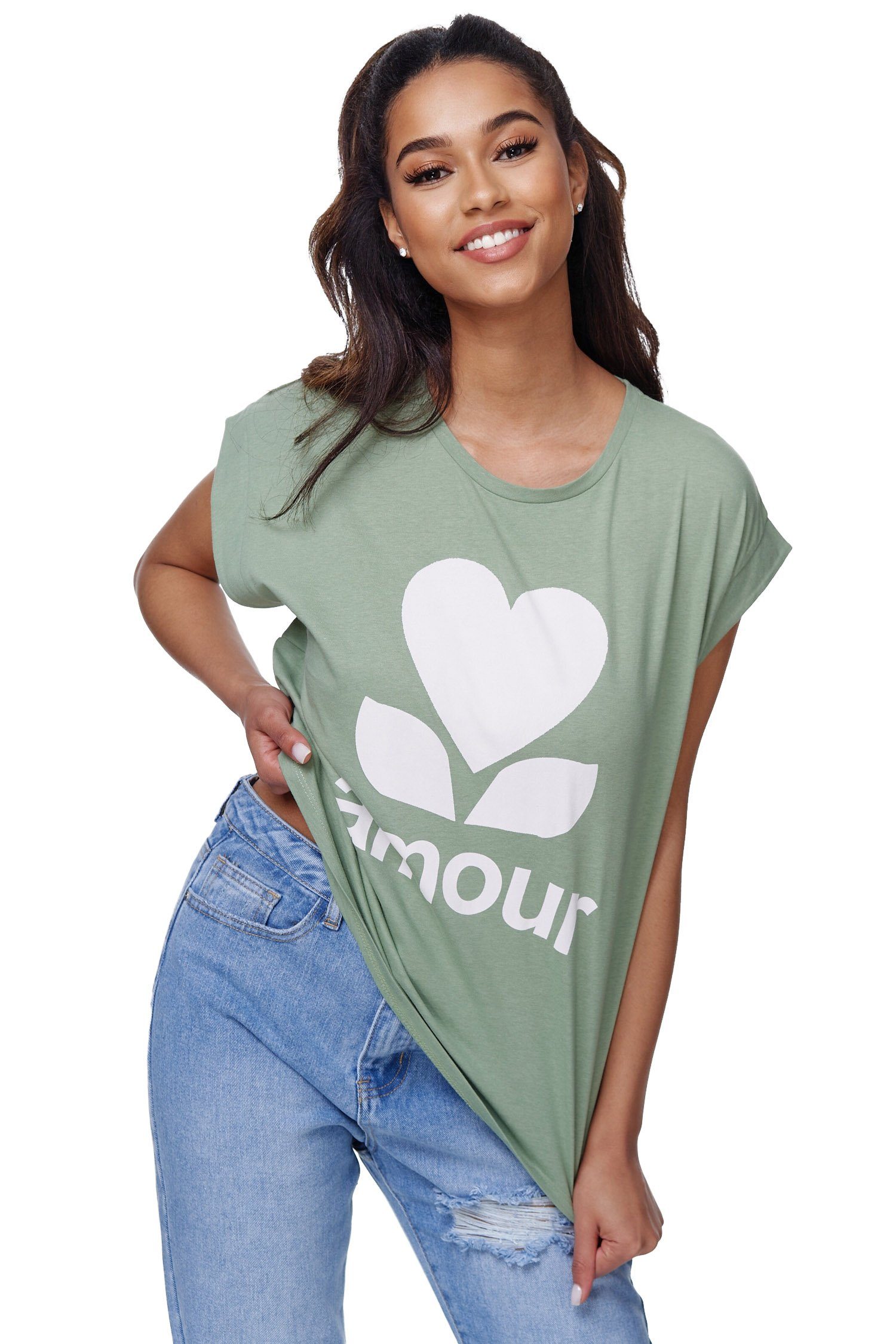 Rayshyne Print-Shirt RS-01 (Damen T-Shirt mit modischem Aufdruck Amour in Einheitsgröße)