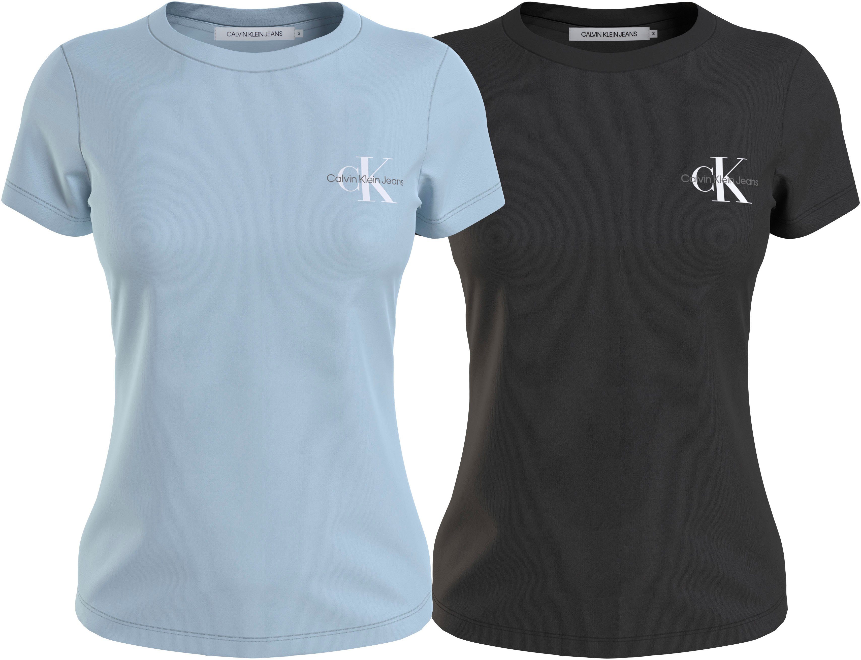 Calvin Klein Jeans (Packung, Logoprint 2er-Pack) SLIM der 2-tlg., TEE 2-PACK blau-schwarz Klein mit Jeans Calvin auf Brust Rundhalsshirt MONOLOGO