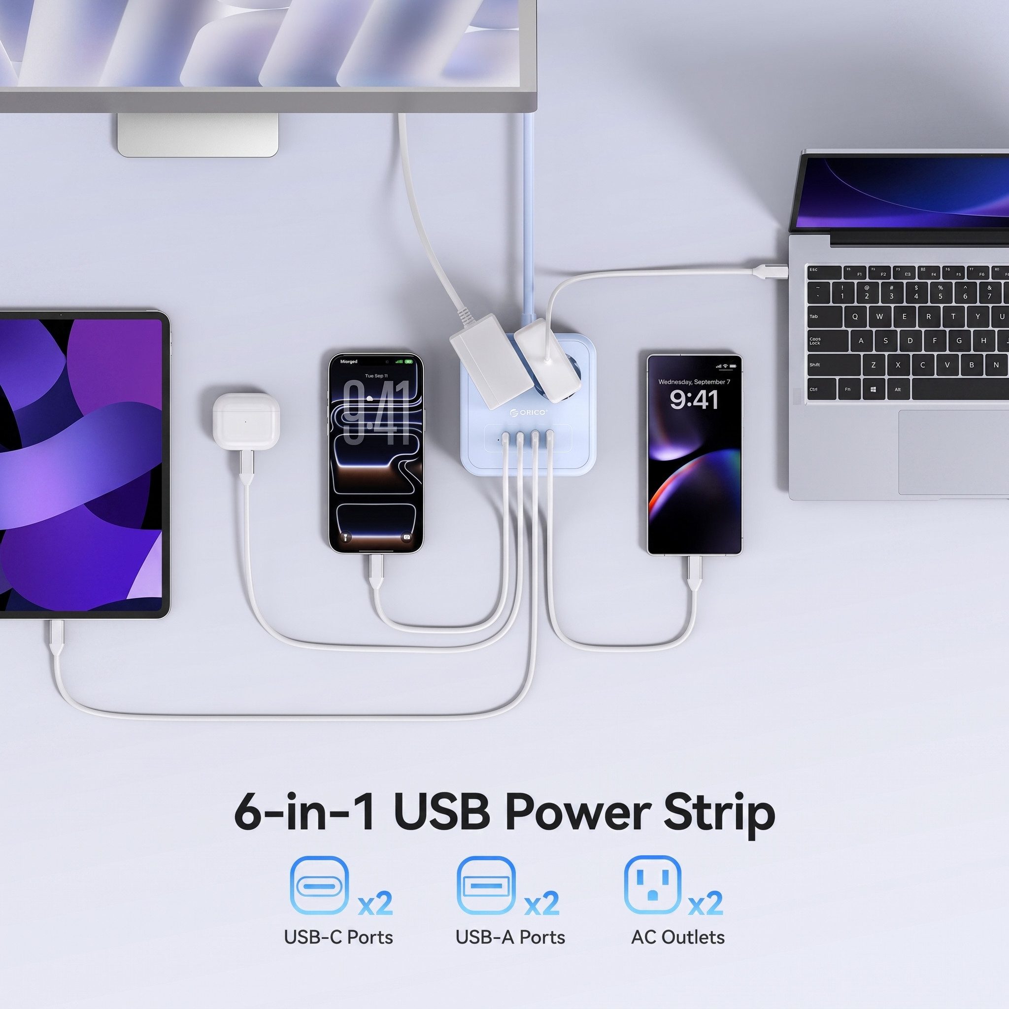 ORICO Steckdose 6-in-1 Mehrfachsteckdose mit USB-C PD 20W, 3 m Kabel, 1-St., 2 Steckdosen & 4 USB (2× USB-C), Kompakt-Powercube für Büro & Zuhause