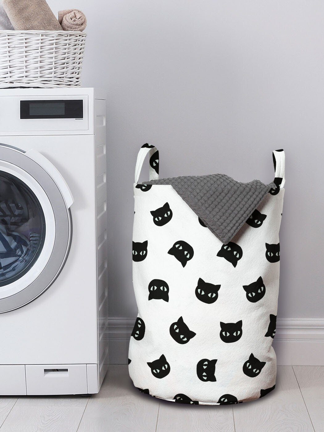 Waschsalons, Katzenportraits und Abakuhaus Wäschesäckchen Griffen mit Schwarz weiß für Wäschekorb Kordelzugverschluss