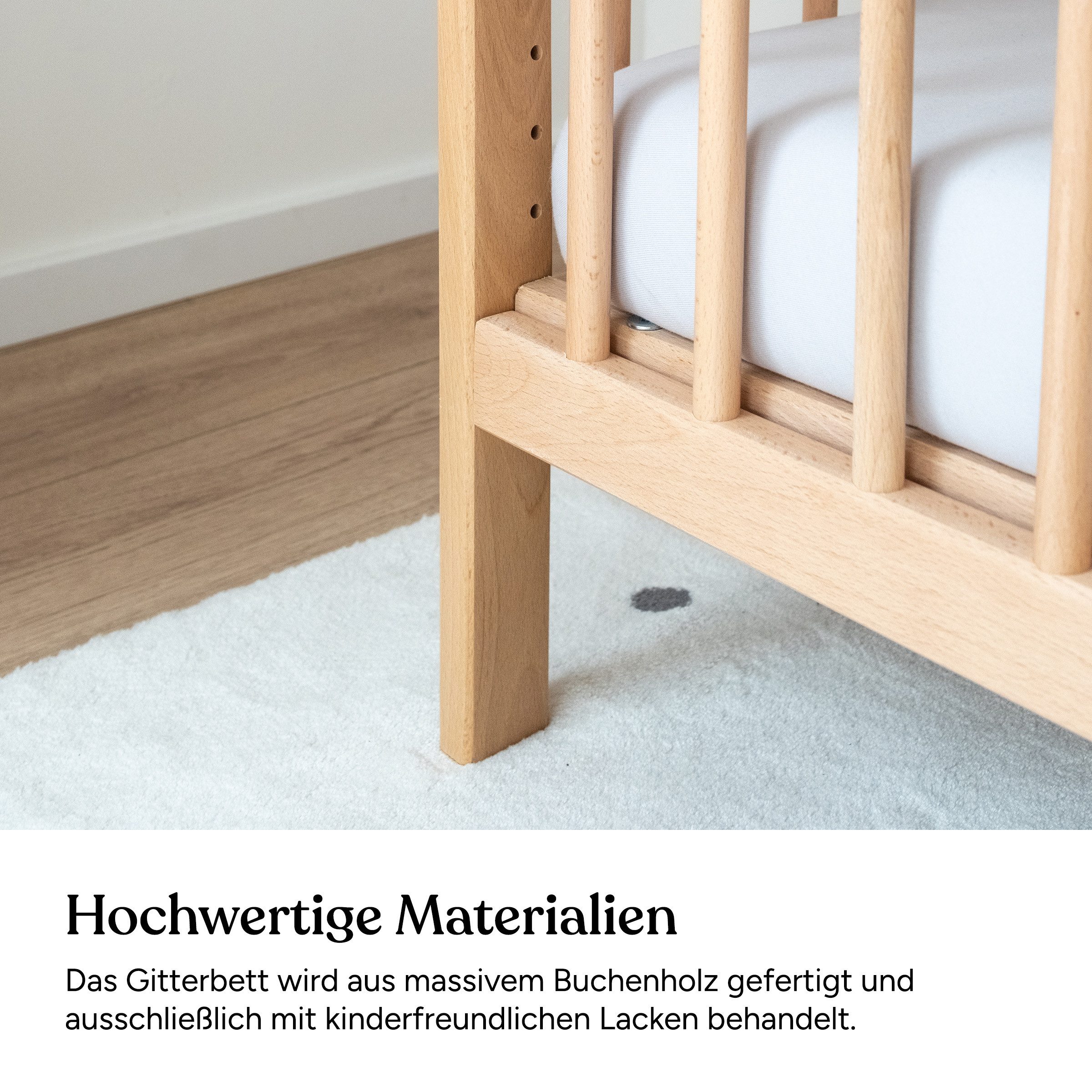 Ehrenkind Babybett PUR aus massivem Buchenholz, flexibel höhenverstellbar, Gitterbett, Kinderbett 9-Fach höhenverstellbar mit entnehmbaren Stangen Baby Bett – Bild 5 von 5
