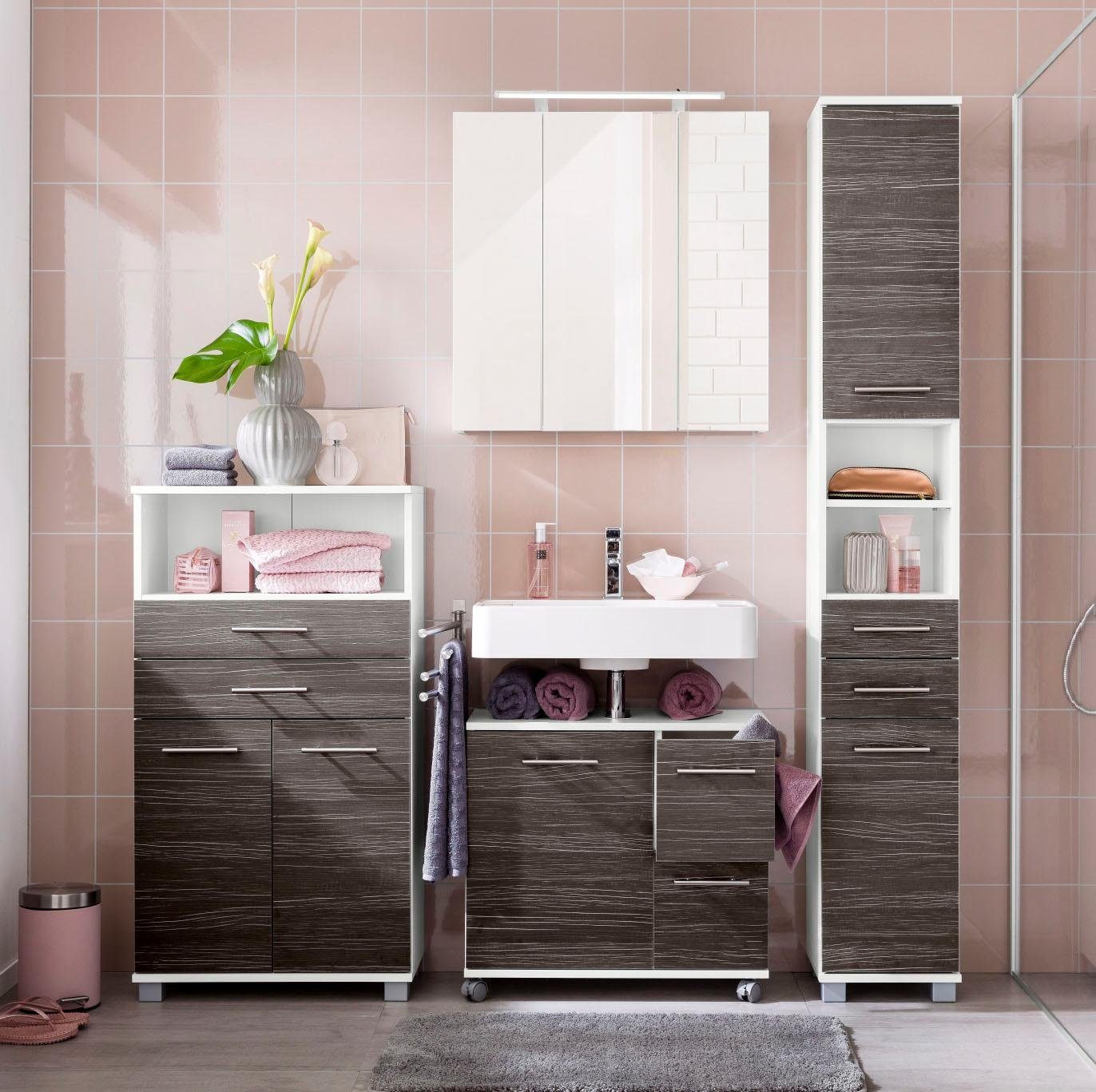welltime Waschbeckenunterschrank Emmi, Breite 65 cm made in Germany Siphonausschnitt, Metallbeschläge