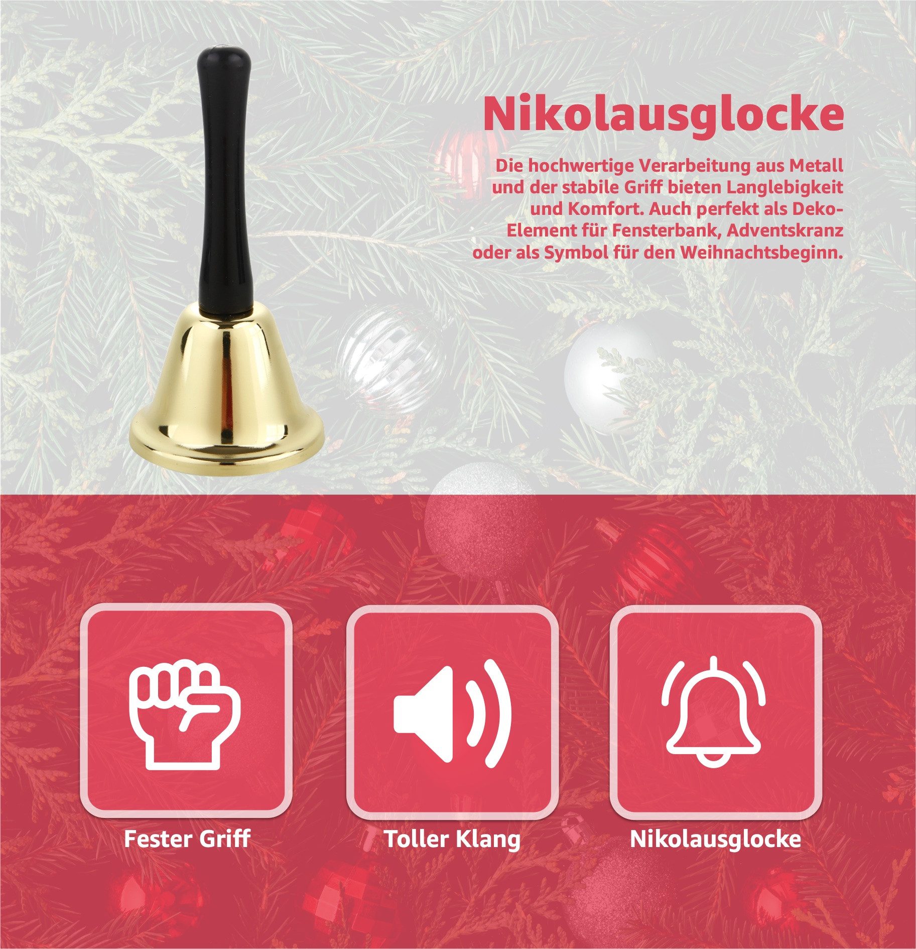 MerryXmas Glocke 1x Nikolausglocke - Weihnachtmannkostüm Accessoire - Weihnachtsglocke,Packung, 1-St.