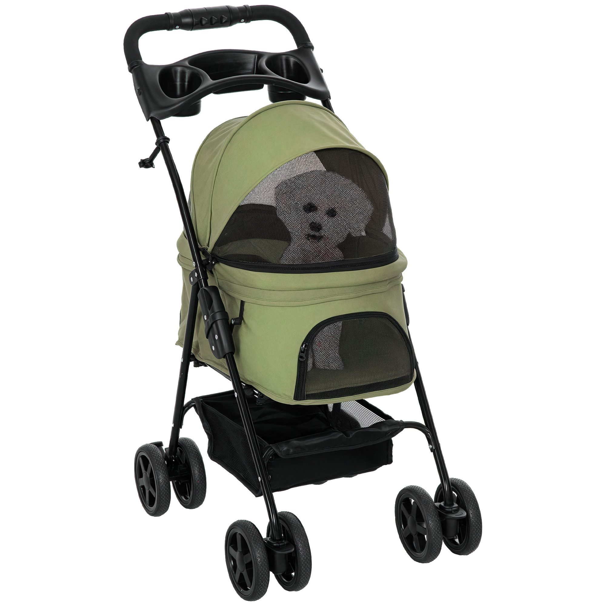 PawHut Hundebuggy Hundewagen klappbar bis 4 kg Katzenbuggy mit Netzfenster, (Haustierwagen, 1-tlg), für kleine Hunde und Katzen, Oxford Dunkelgrün 67 x 45 x 96 cm