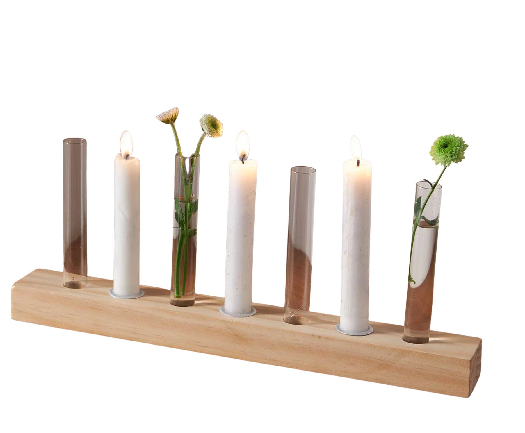 Dekoleidenschaft Dekovase Holz Dekoboard "Minimal" 4 Glasvasen & 3 Kerzenhalter Reagenzglas Vase, Kerzenständer, Lichterboard mit Blumenvase, Tischdeko