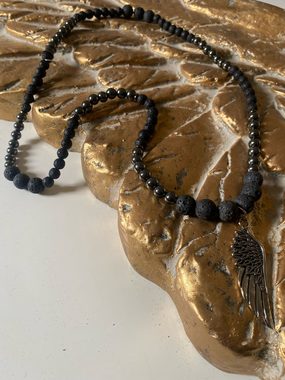 Aaron Bane Kette mit Anhänger Perlenkette Halskette Lava Hämatin Edelsteine Engelsflügel Hand Made (1-tlg)