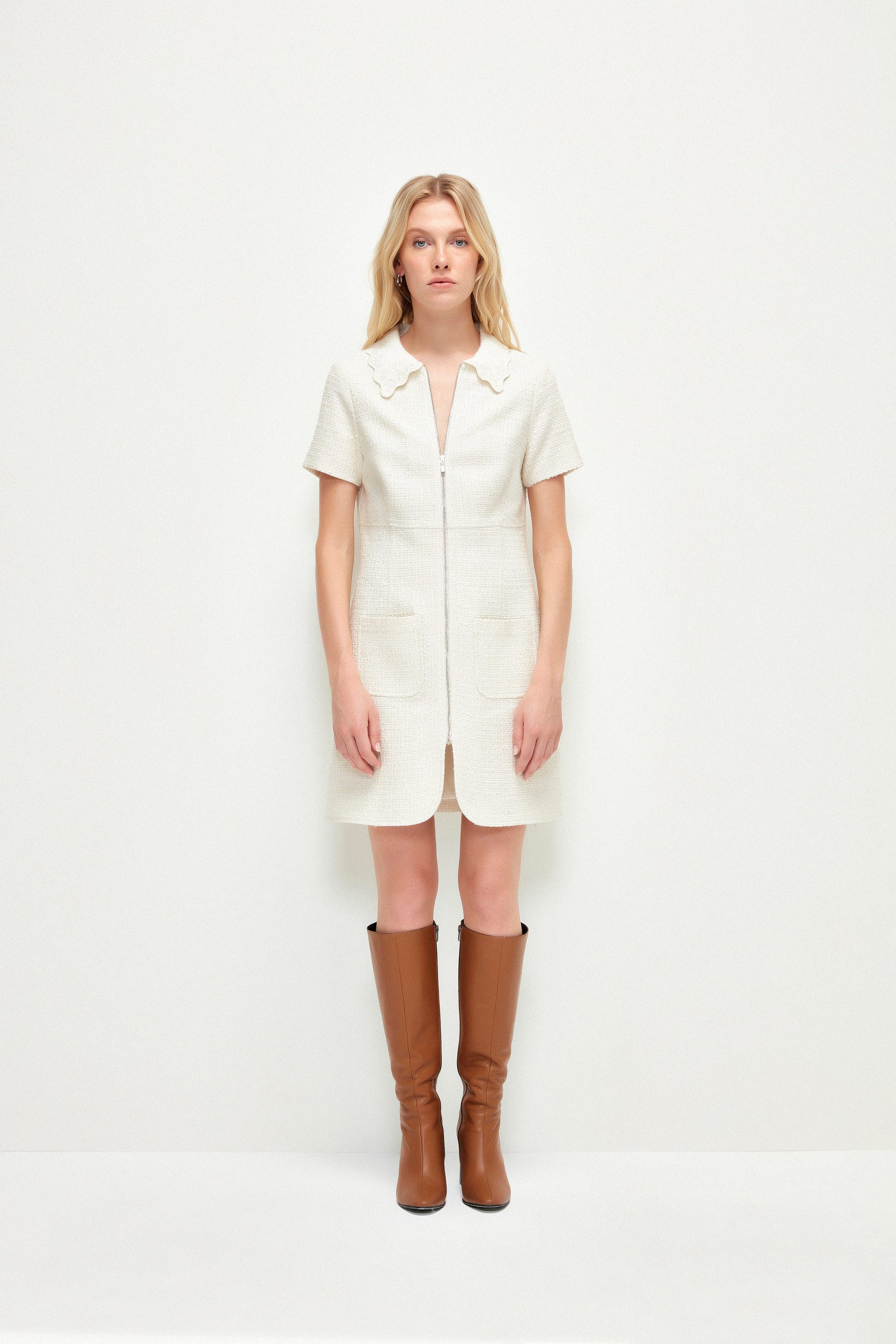 adL A-Linien-Kleid Kurzärmeliges Tweed-Minikleid mit Reißverschluss