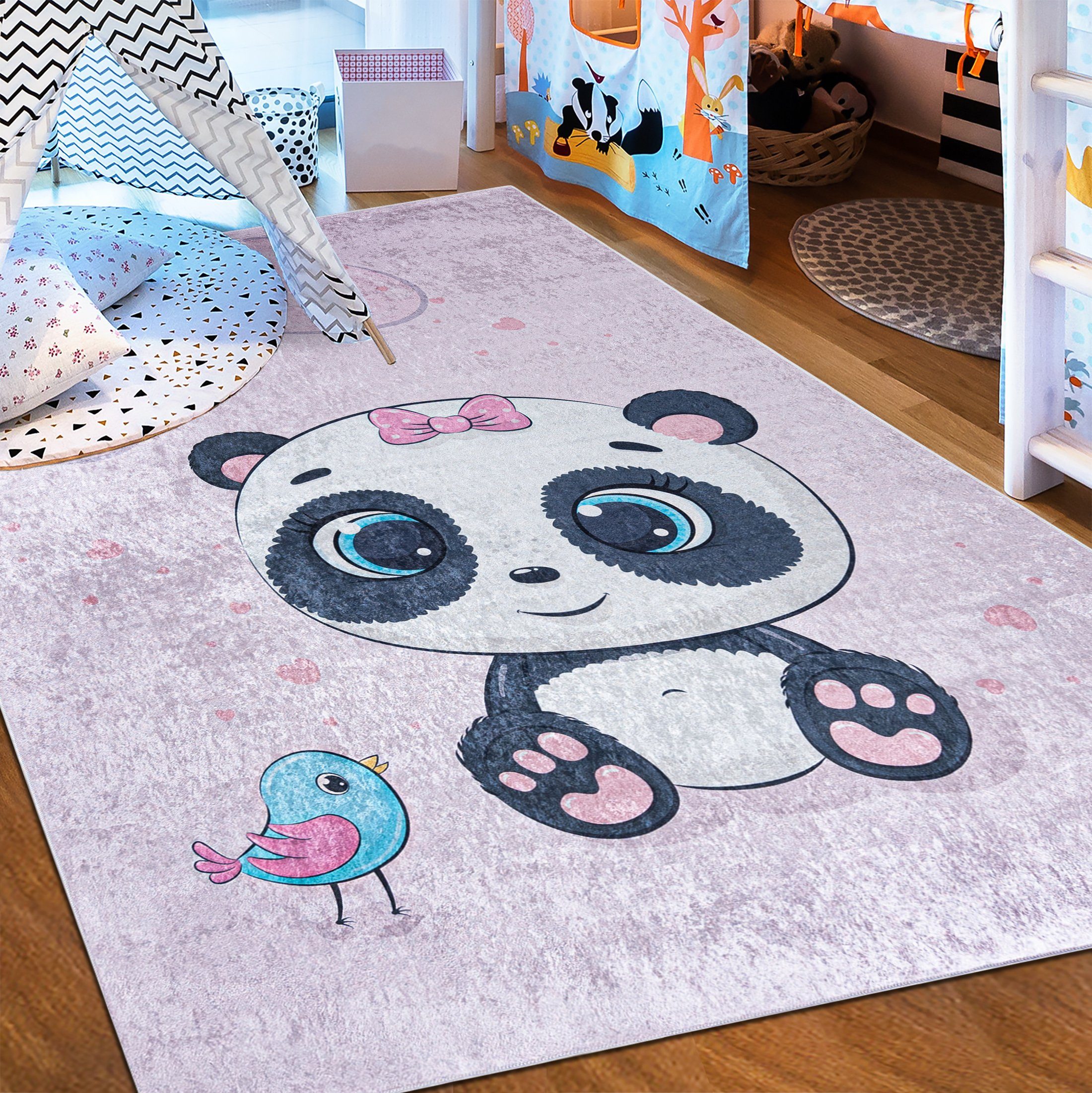 Kinderteppich Kinderteppich Kinderzimmerteppich Panda, Mazovia, 80 x 150 cm, Kurflor, Waschbar in Waschmaschine, Höhe 5 mm, Rutschfest Rosa Pink / 2743
