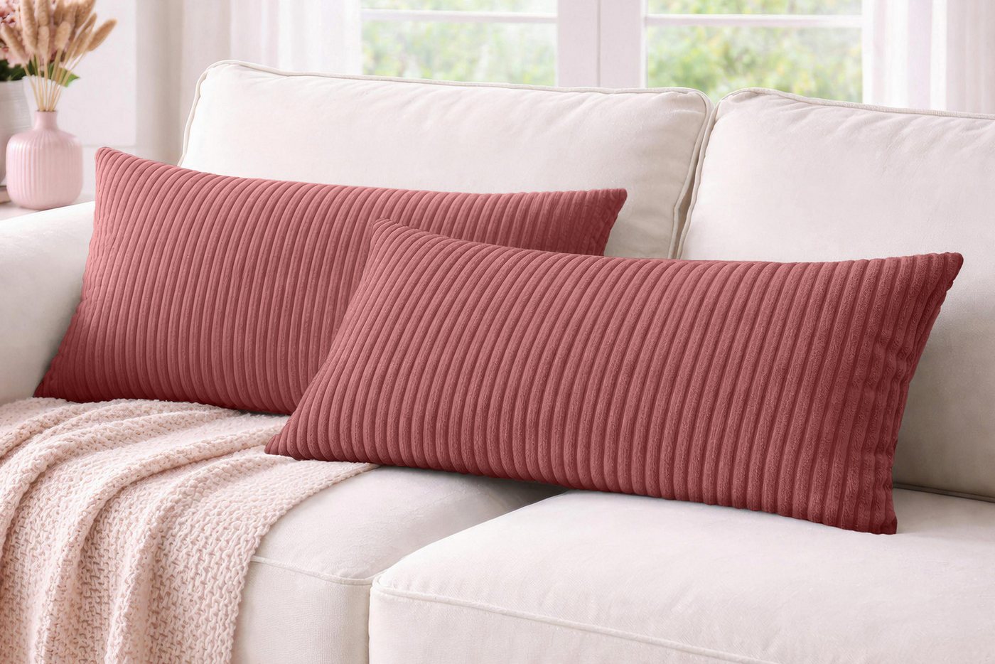 Amilian Dekokissen 40x80 cm 2er Set mit Füllung – Cord-Optik Sofakissen, mit Füllung und Bezug, formstabil, Hotelverschluss