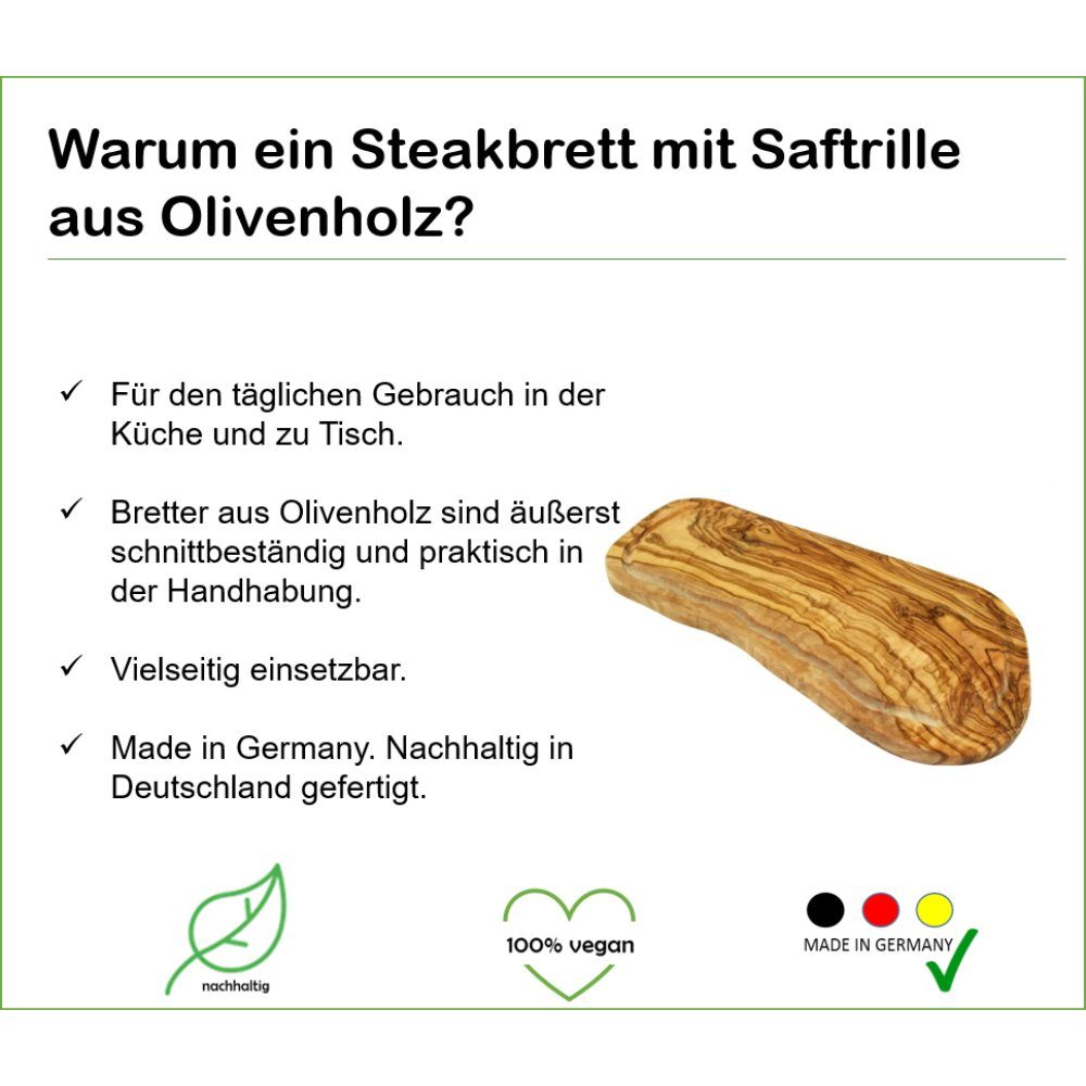 Olivenholz-erleben Schneidebrett Tranchierbrett/Steakbrett mit Saftrille Wirkung (1-St), Griff cm, antibakterielle 45-49 ohne naturell lebensmittelecht